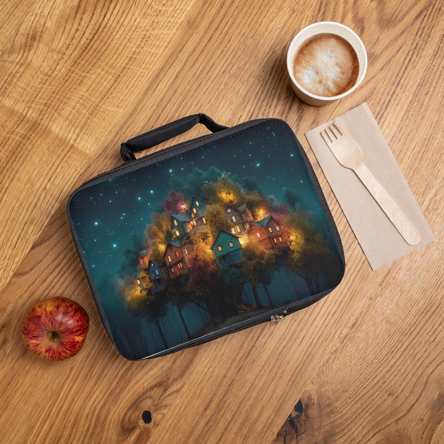 Starlit Hillside Cottage Lunch Bag – Warm Lights in the Twilight Woods