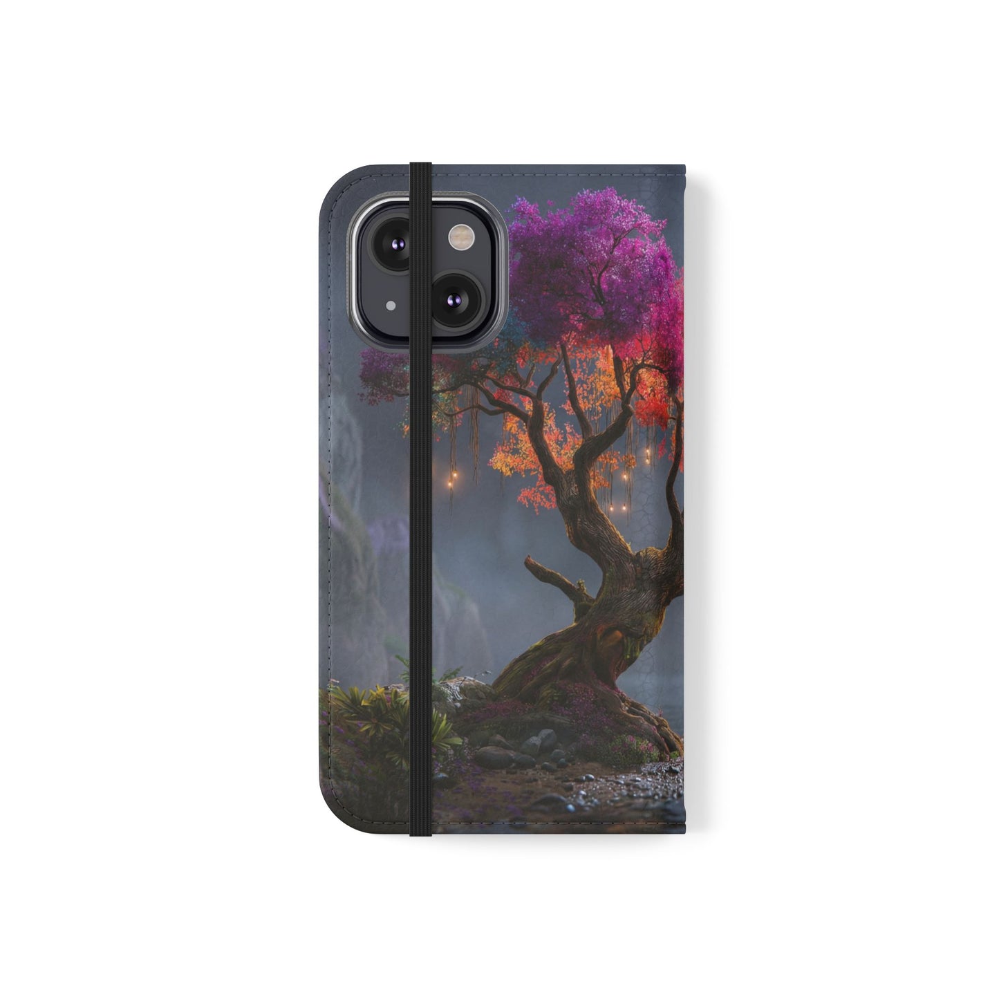 Chromatic Canopy Flip Cases – Rainbow Tree Moonlit Waterfall Scene