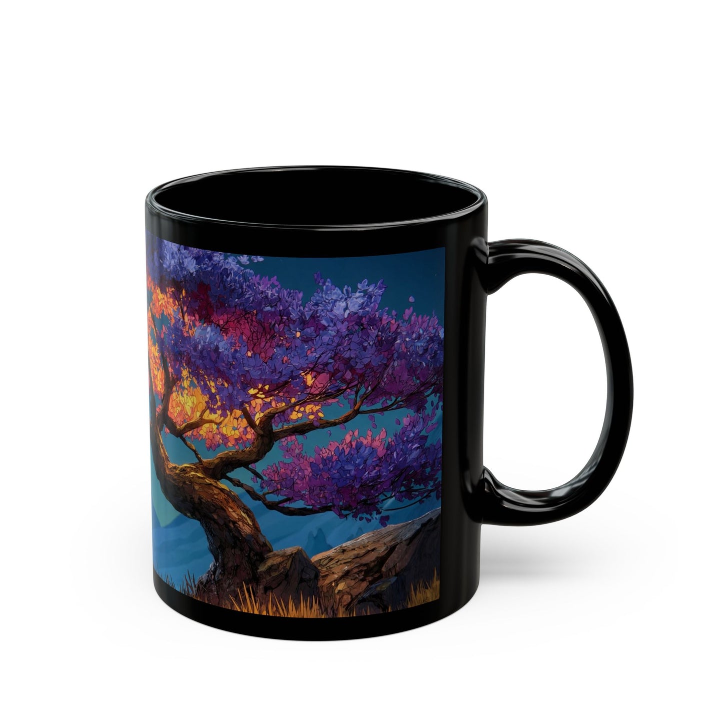 Starlit Twilight Tree Black Mug – Celestial Bloom Dreamscape