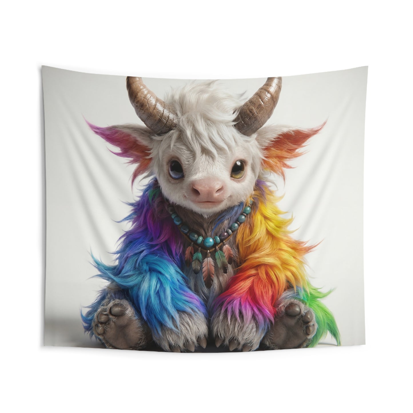 Rainbow Horned Guardian Indoor Wall Tapestries – Whimsical Spirit with Feathers and Turquoise Beads