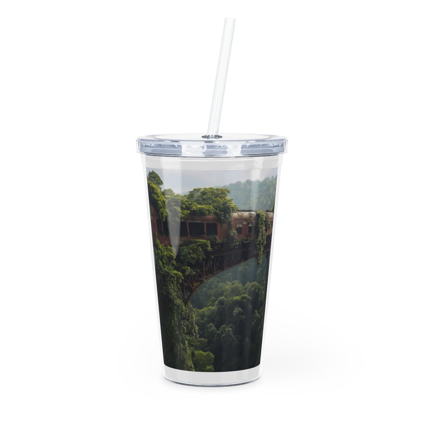 Overgrown Train Bridge Tumbler with Straw – Where Nature Reclaims the Rails