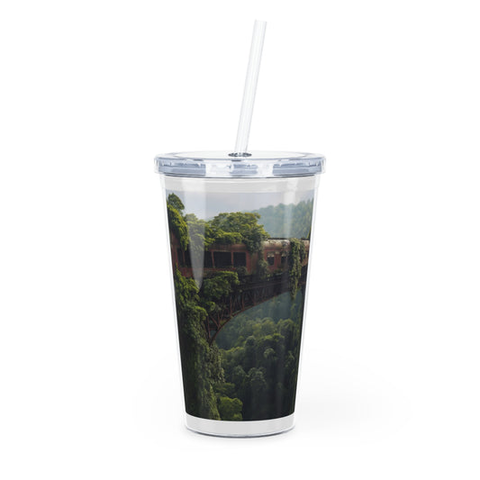 Overgrown Train Bridge Tumbler with Straw – Where Nature Reclaims the Rails