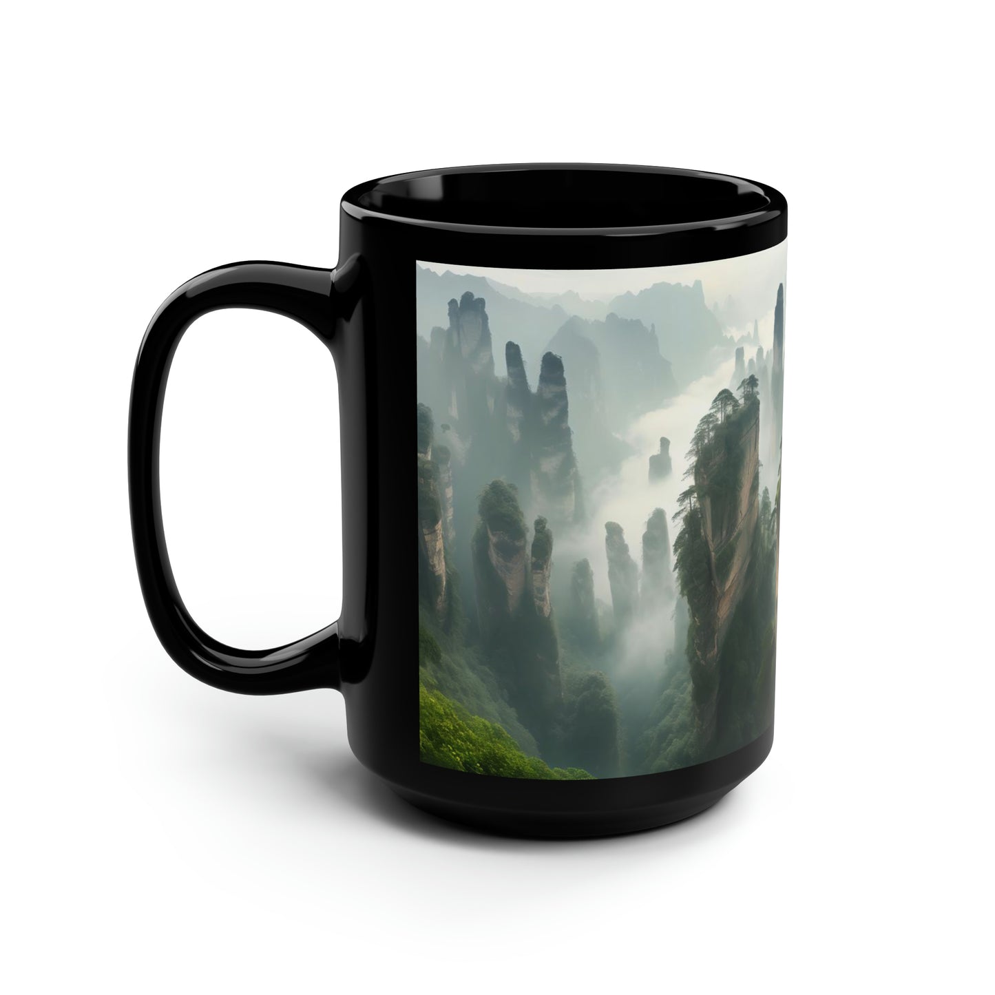 Captivating panoramic image of the Zhangjiajie National Forest Park in China, showcasing the towering sandstone pillars shrouded in mist - Mug, Black