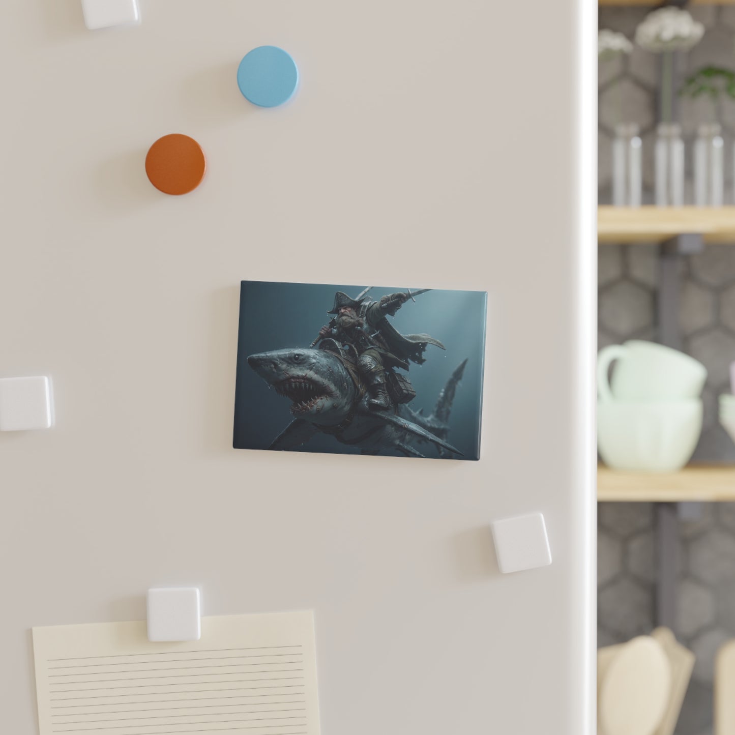 Pirate Captain on Shark Button Magnet, Rectangle (1 & 10 pcs) – Salt-Soaked Sovereign of the Deep