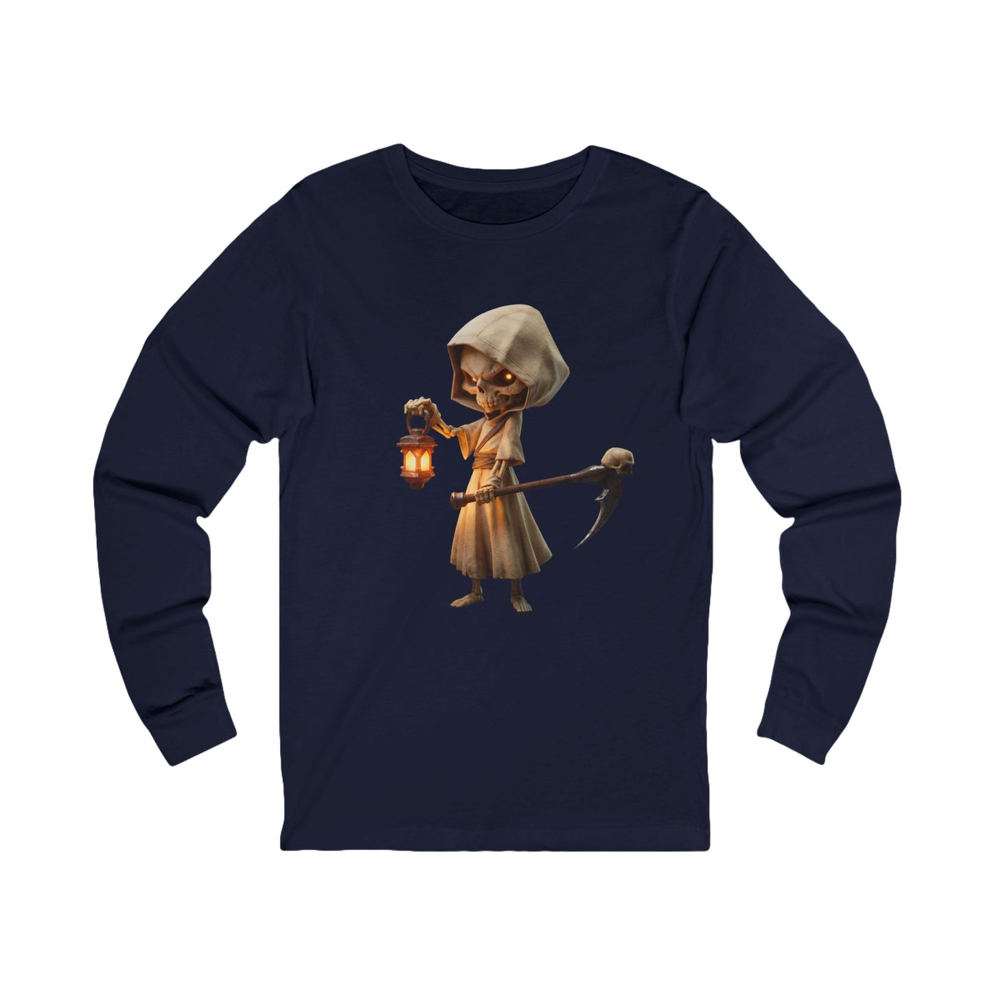 Lantern-Bearing Skeleton Guardian – Hooded Reaper Unisex Jersey Long Sleeve Tee