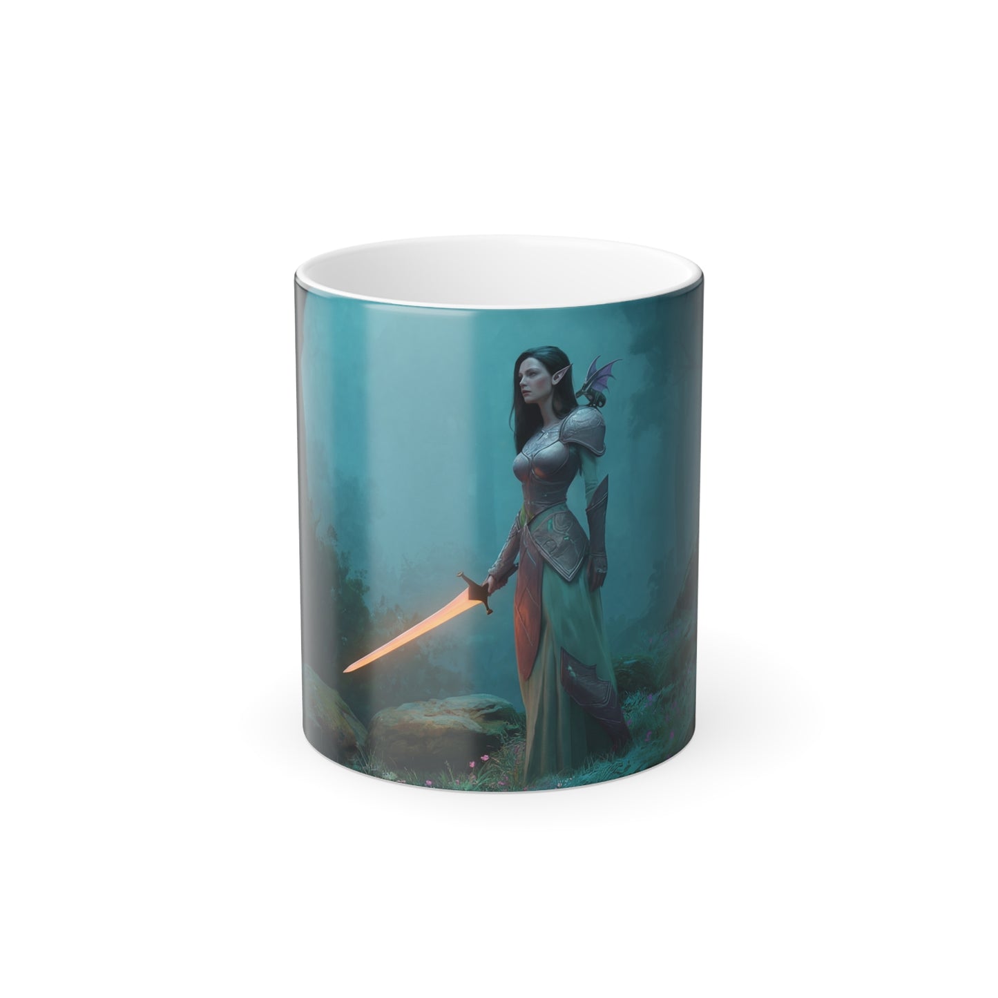 Sword-Bearing Elf in Misty Grove Color Morphing Mug, 11oz – Twilight Sentinel Guardian