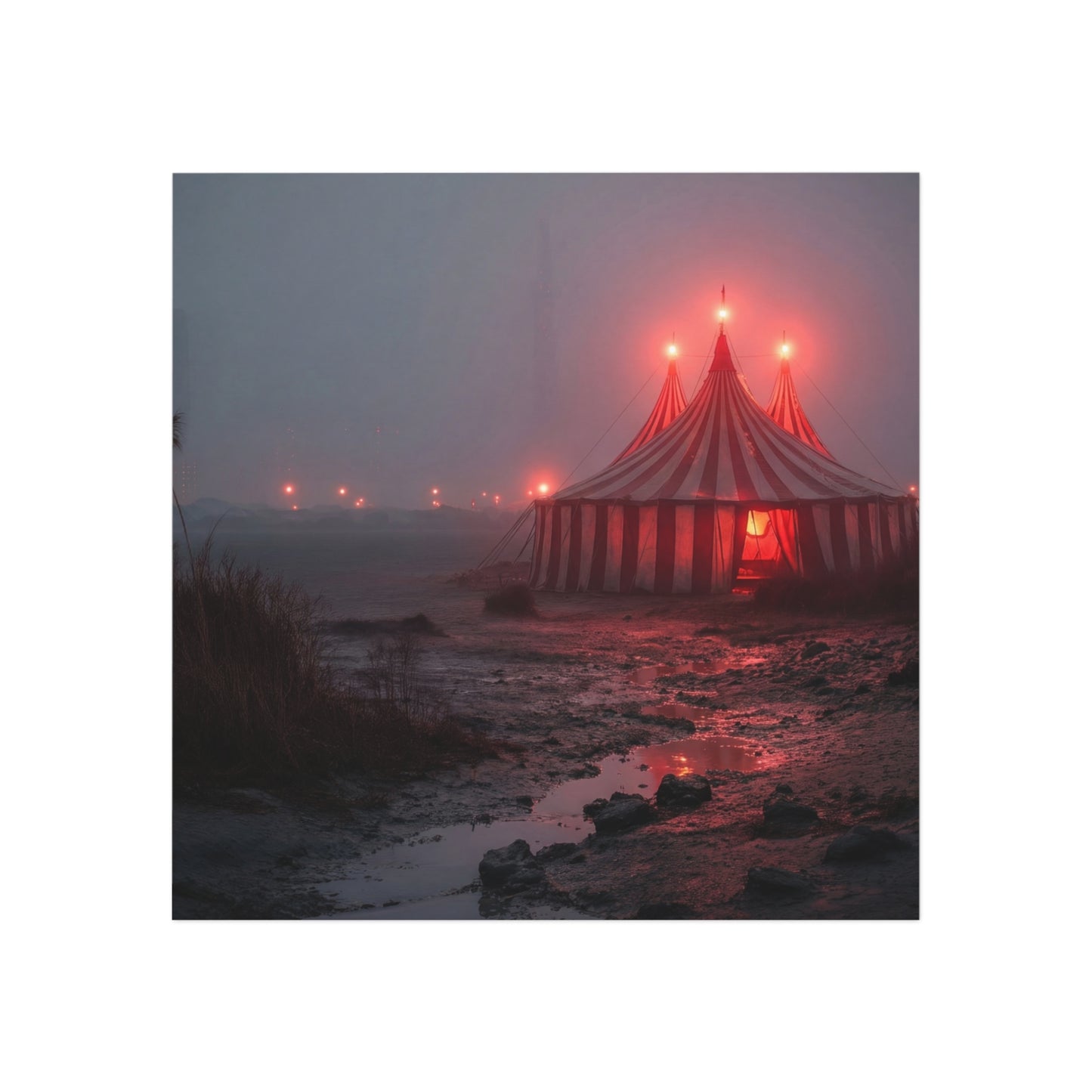 Crimson Circus Tent Magnet – Fogbound Wonder on the Shore