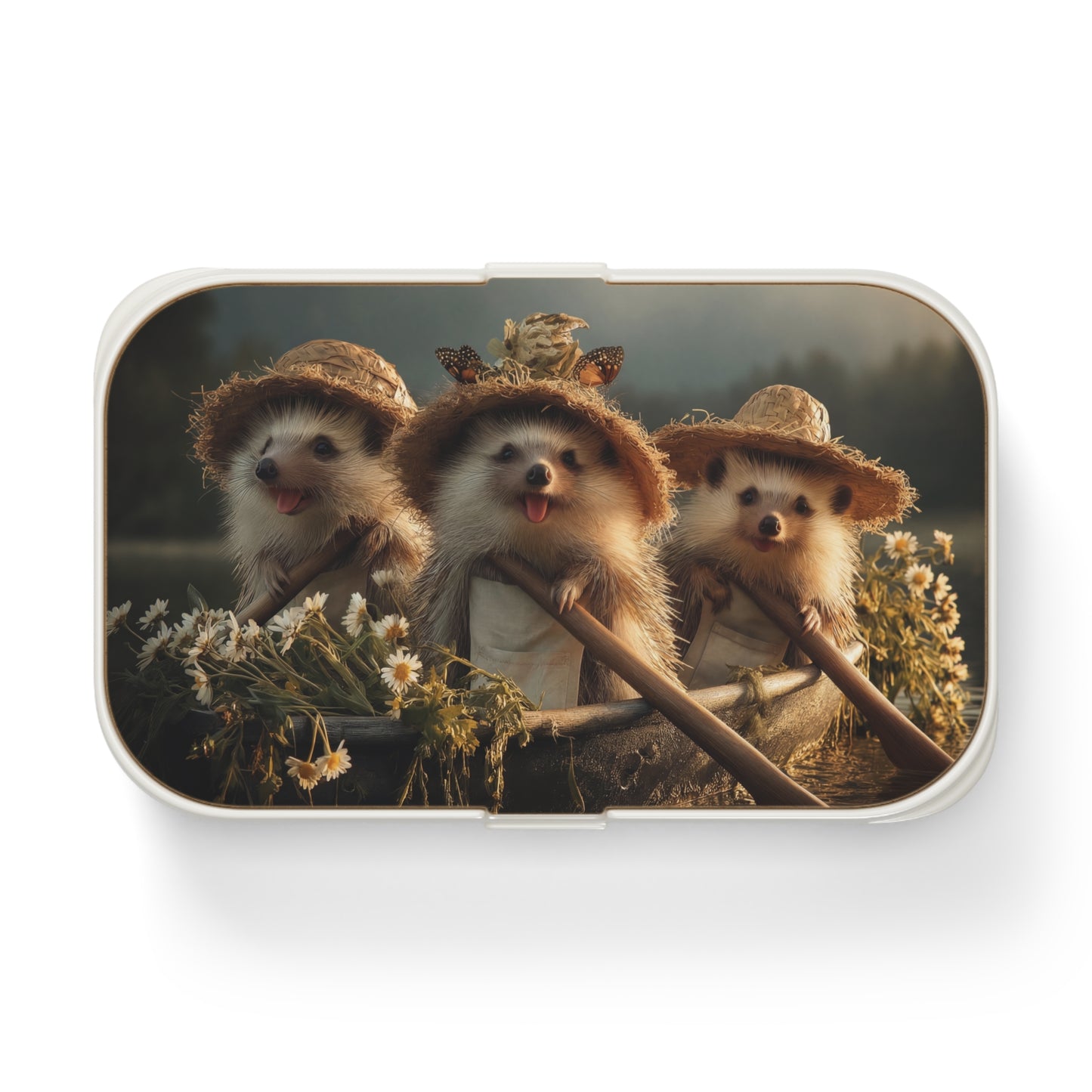 Three Hedgehog Rowers Bento Lunch Box – Golden Hour Pond Adventure