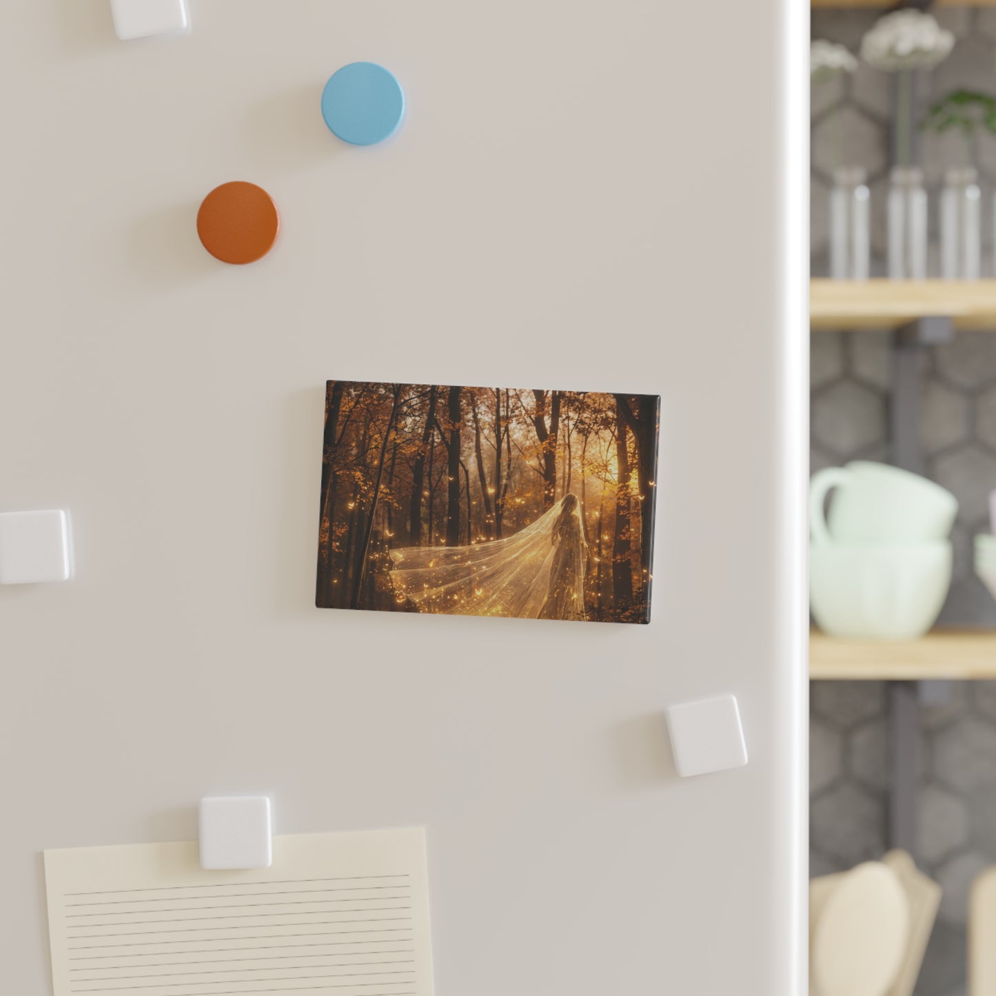 Golden Veil Forest Spirit Button Magnet, Rectangle (1 & 10 pcs) – Sunset Whispers in the Autumn Grove