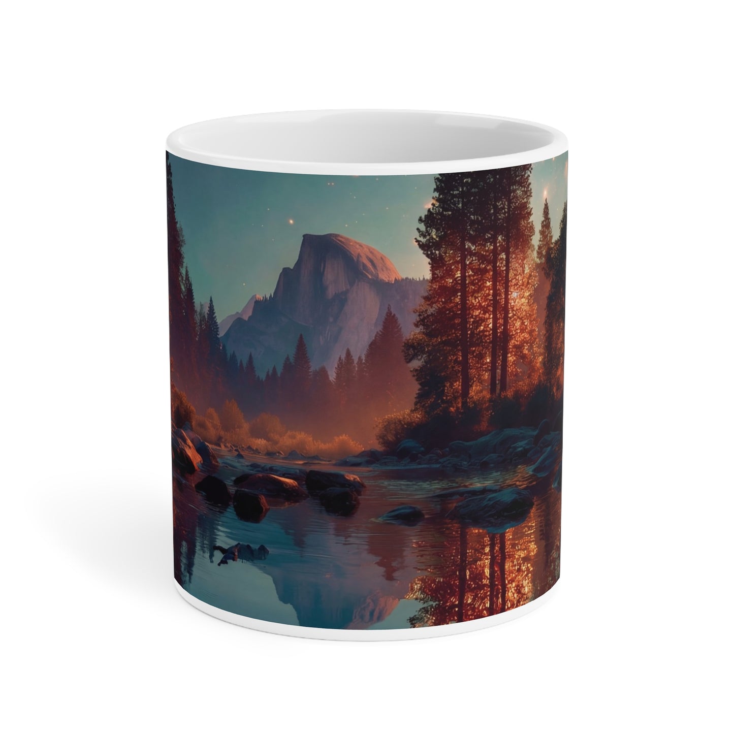 Starlit River Reflections Ceramic Mugs (11oz\15oz\20oz) – Half Dome’s Celestial Mirror
