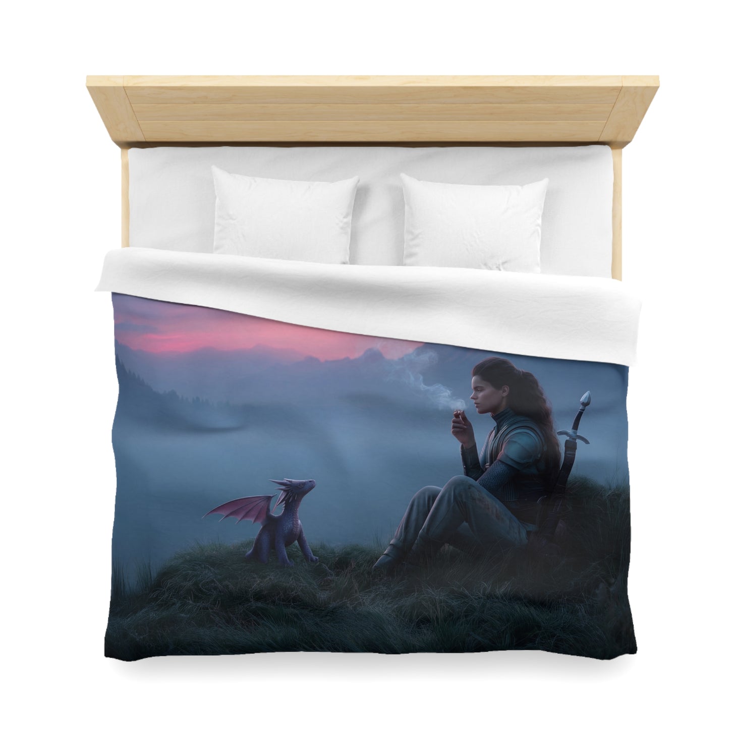 Dragon Guardian Duvet Cover – Misty Mountain Sentinel at Sunset