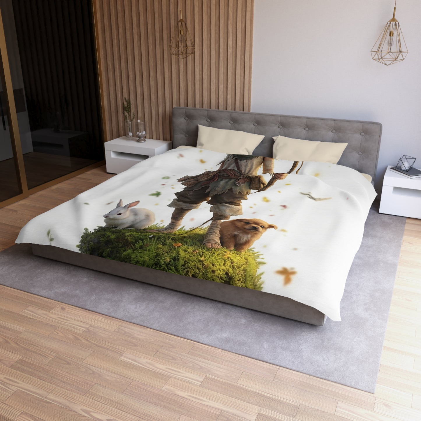 Forest Guardian Child Microfiber Duvet Cover – Mossy Rock Haven with Whispering Animals