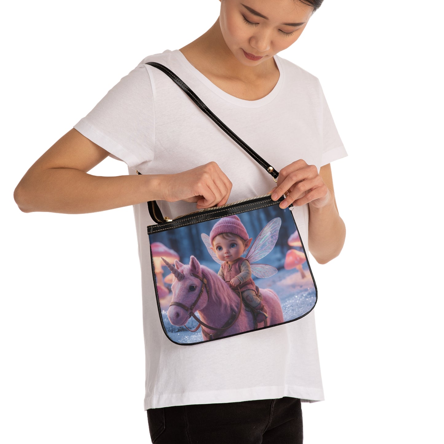 Fairy Riding Unicorn Small Shoulder Bag – Snowy Mushroom Grove Dreamscape