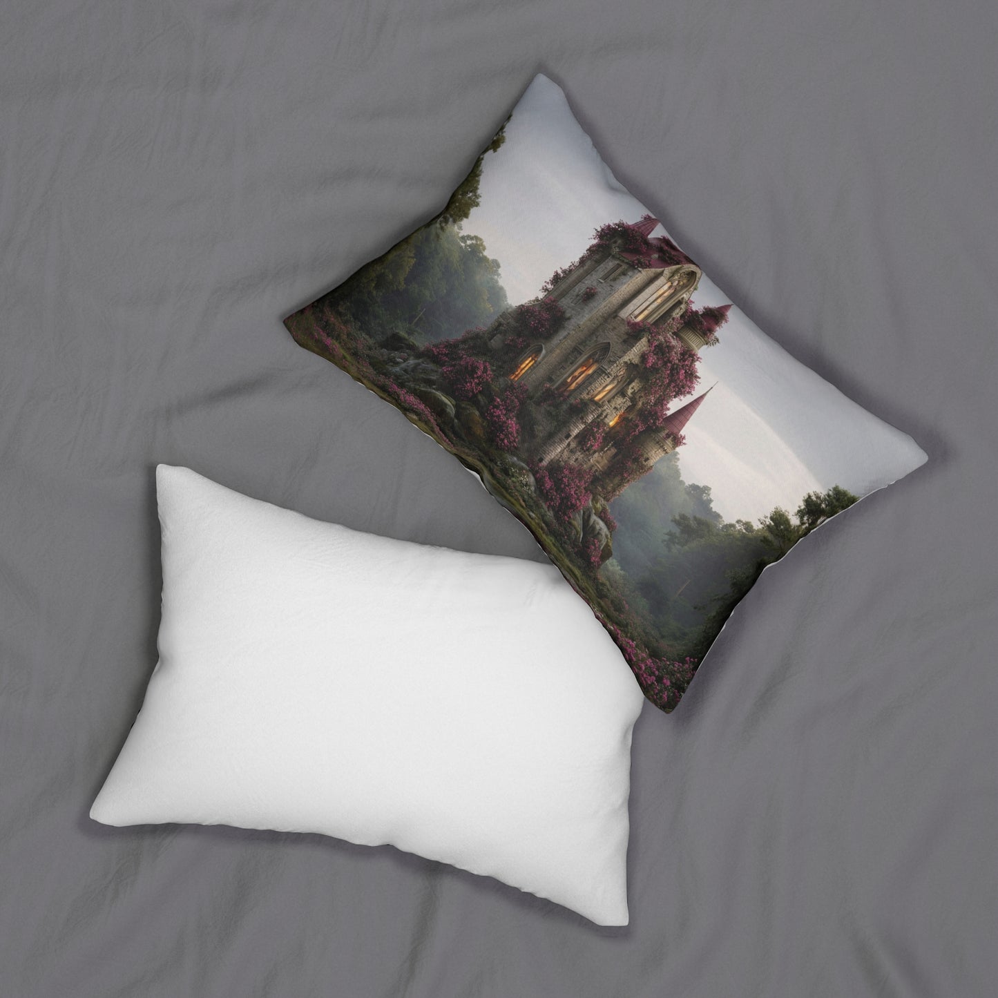 Rose-Covered Castle Lumbar Pillow – Twilight Sanctuary Dreamscape
