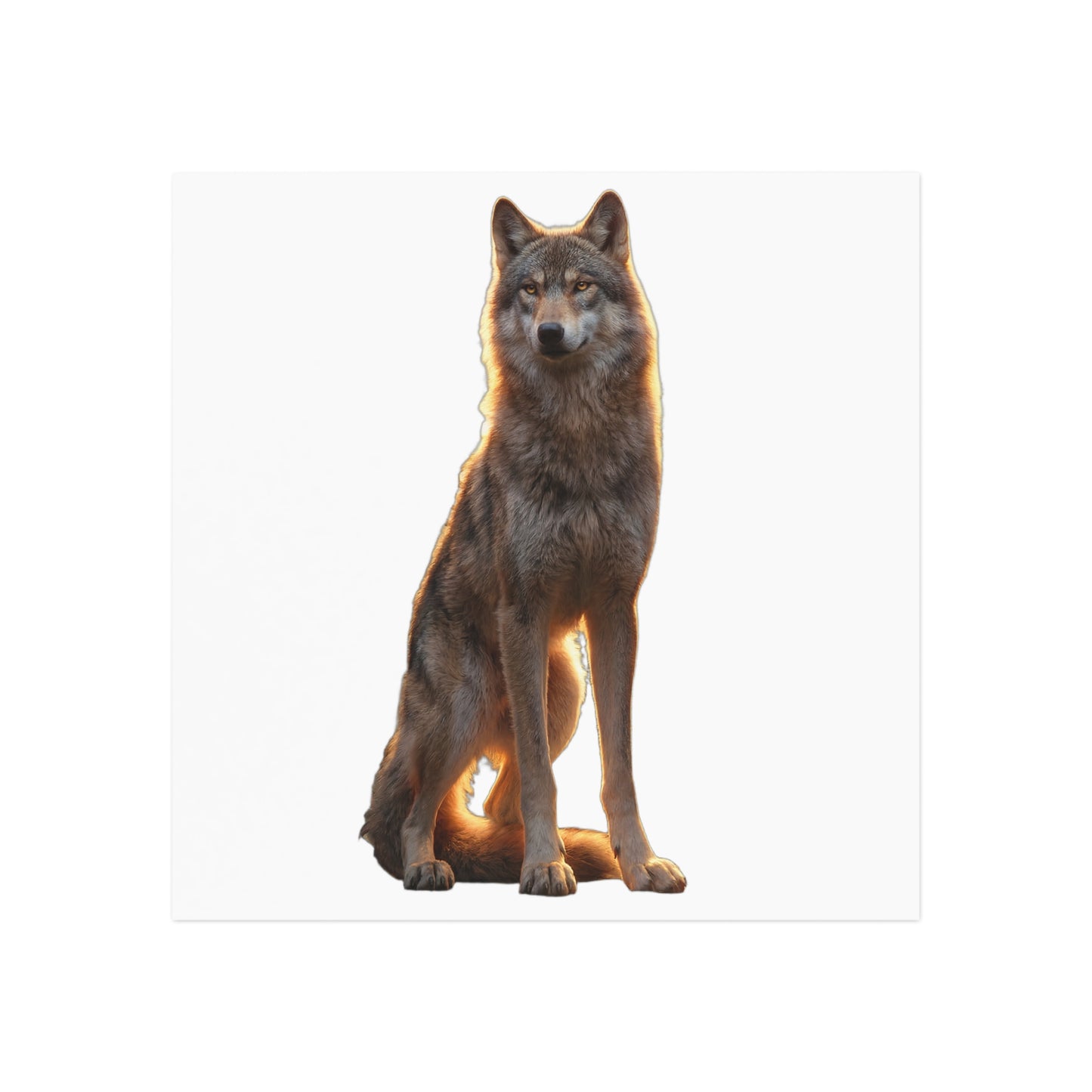 Sitting Wolf Square Magnet – Golden Hour Sentinel on Black