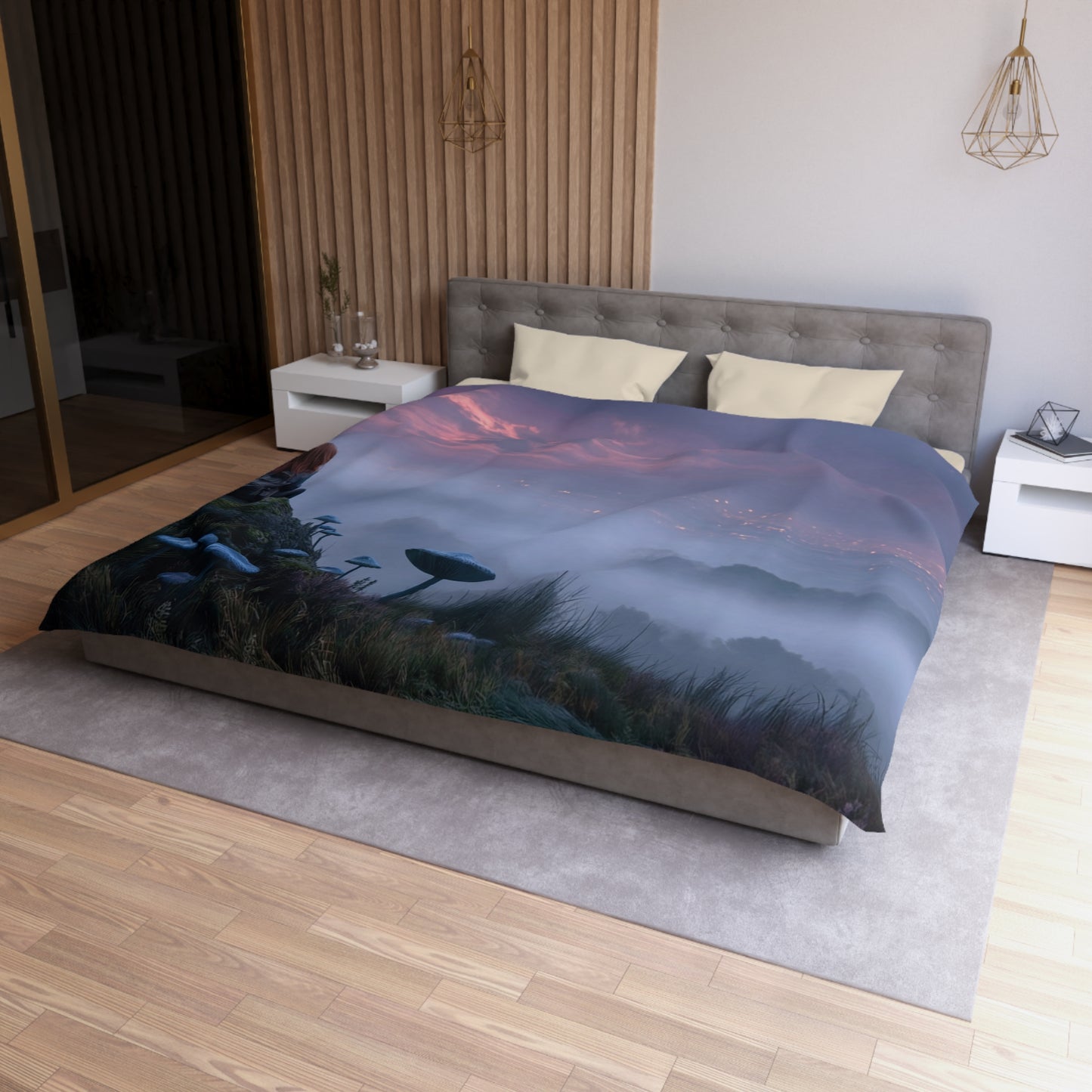 Moonlit Wanderer Microfiber Duvet Cover – Twilight Vista with Bioluminescent Fungi
