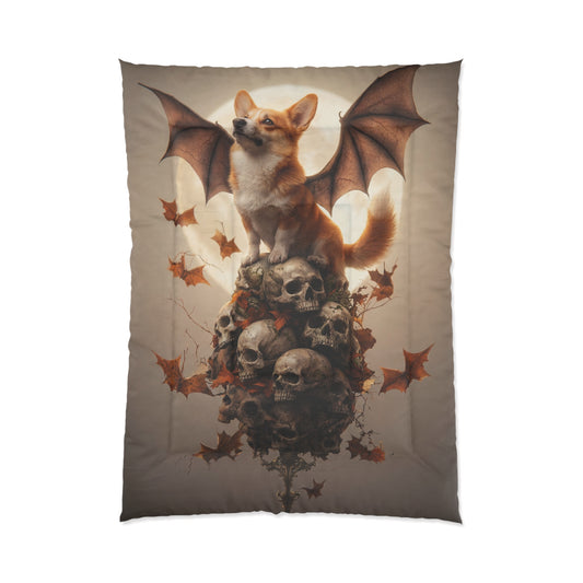 Winged Corgi on Skull Throne Comforter – Autumn Moonlit Guardian