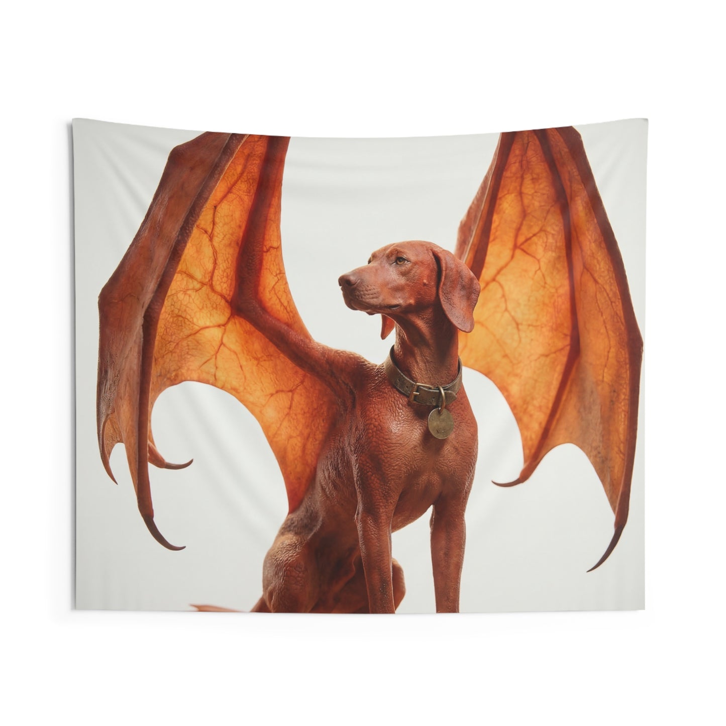 Winged Canine Sentinel Indoor Wall Tapestries – Amber Glow Against Soft Sky