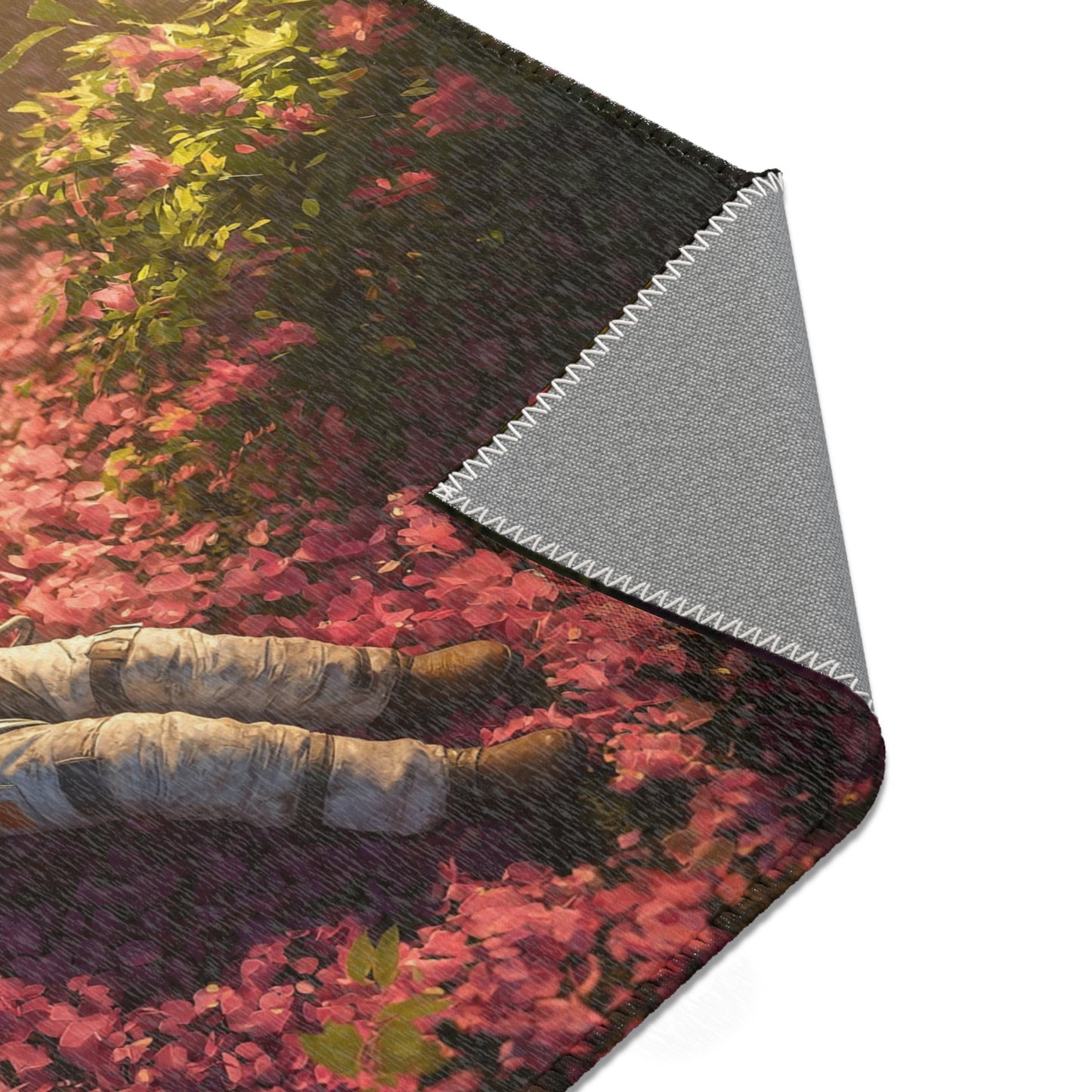 Astronaut Among Petals Area Rug – Sunset Garden Requiem