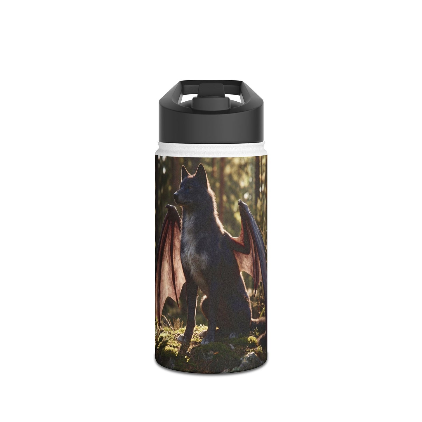 Winged Wolf in Sunlit Grove Stainless Steel Water Bottle, Standard Lid – Guardian of the Mossy Pines