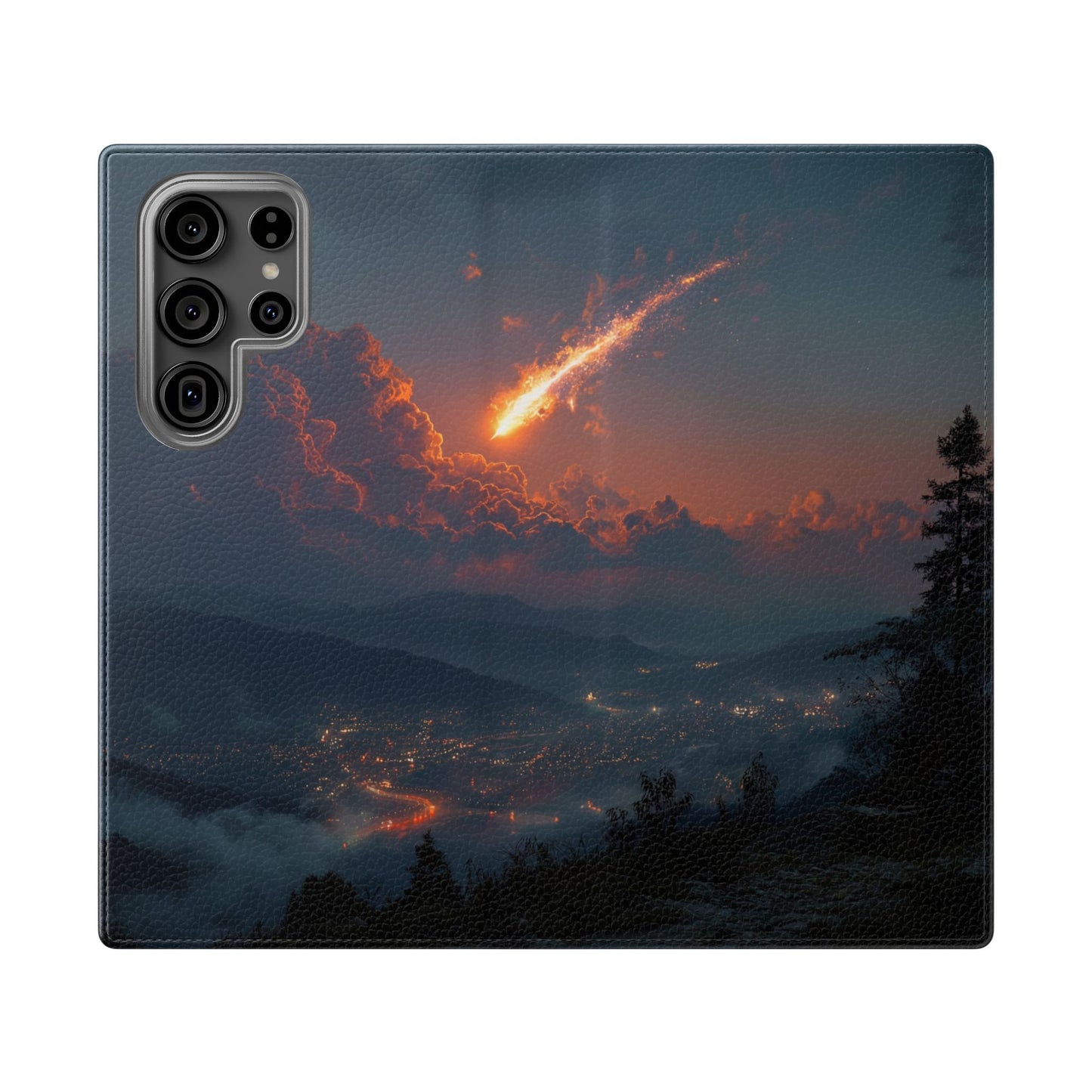 Meteor Over Valley Flip Cases – Crimson Sky Sentinel Cover