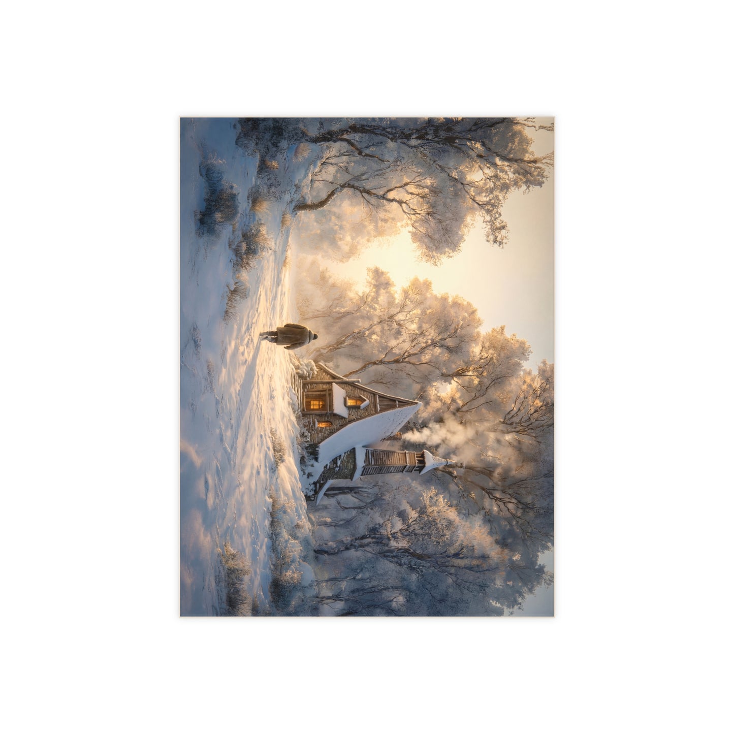 Winter Solstice Cottage Ceramic Photo Tile – Warm Light Through Frosty Woods