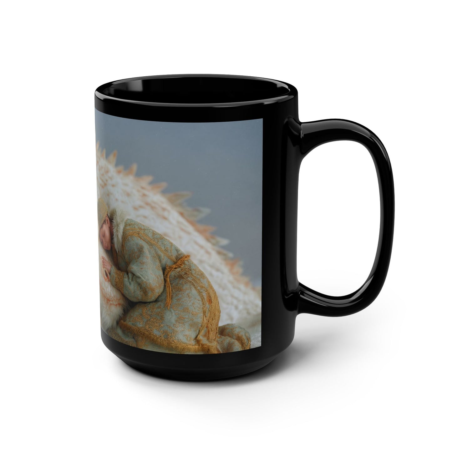 Snow Dragon and Child Black Mug, 15oz – Tender Winter Embrace