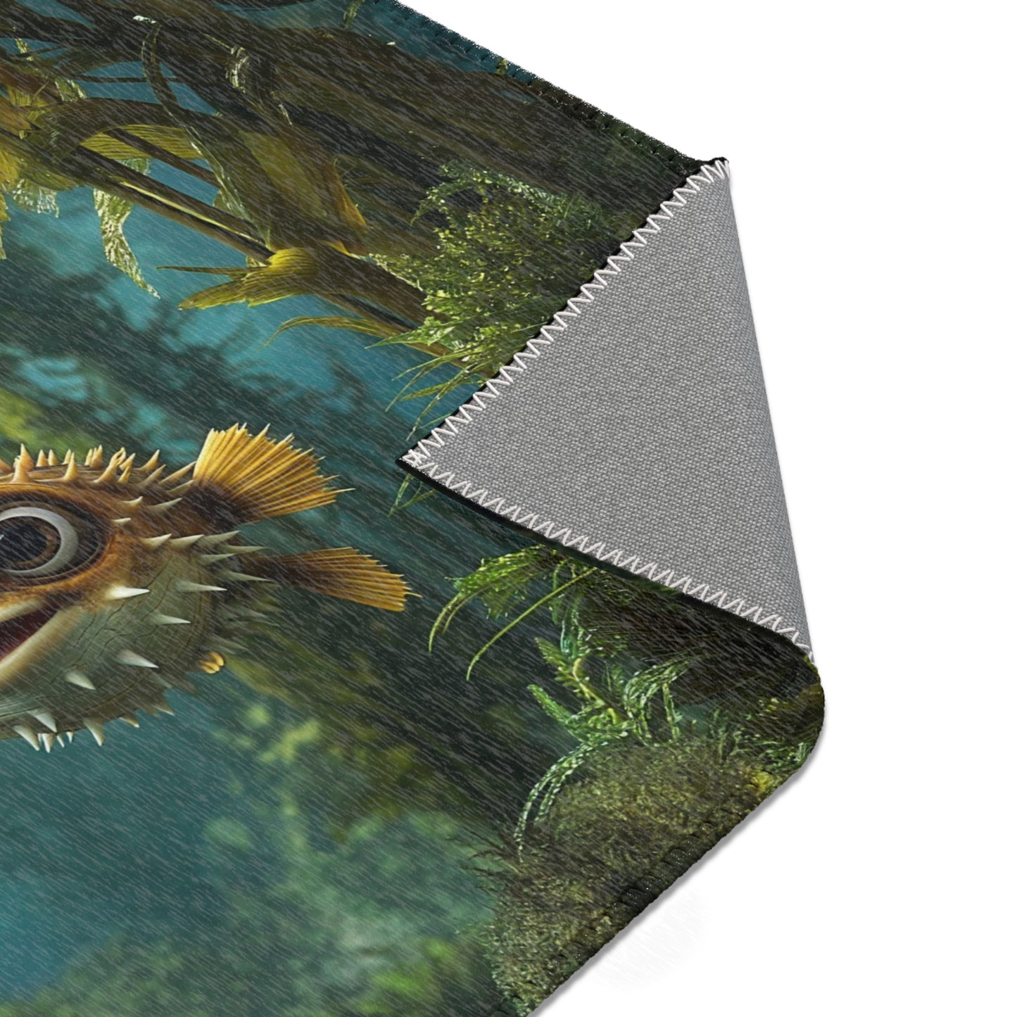 Curious Pufferfish Area Rugs – Sunlit Kelp Forest Adventure