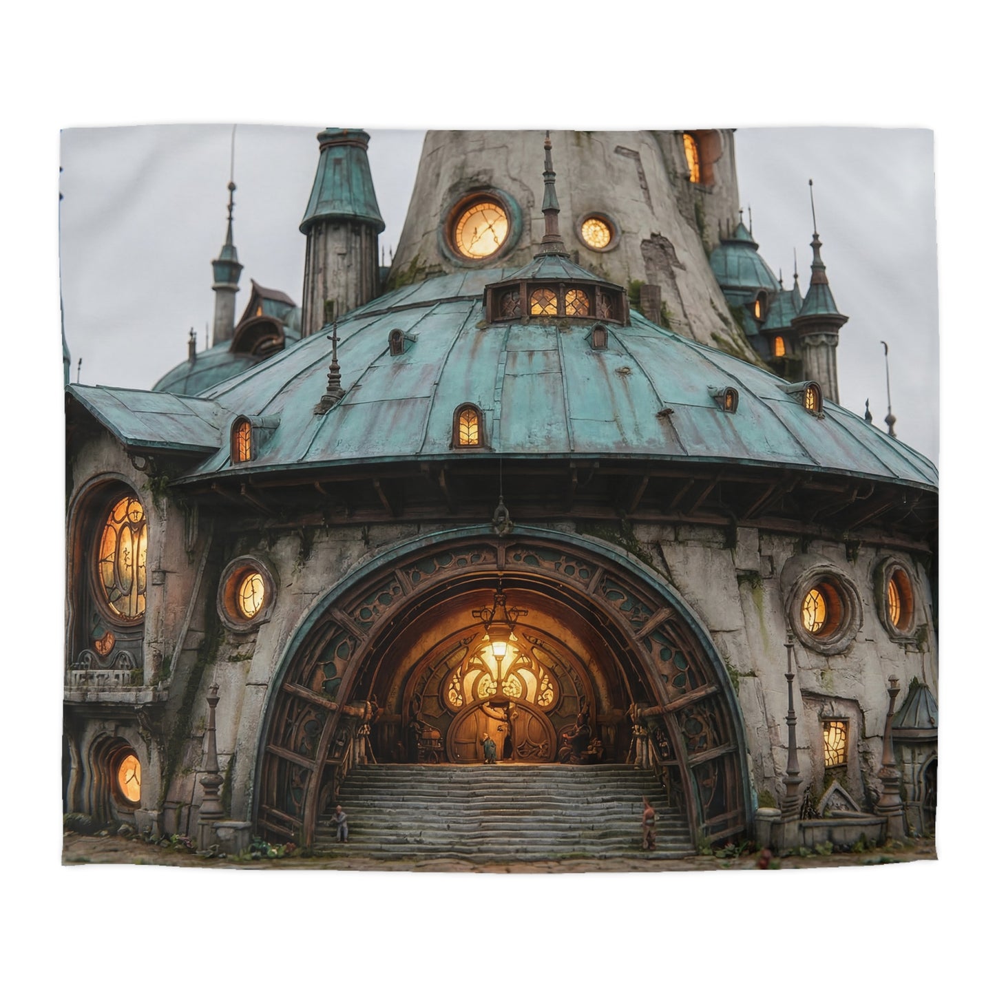 Whimsical Clocktower Duvet Cover – Twilight Citadel Dreamscape