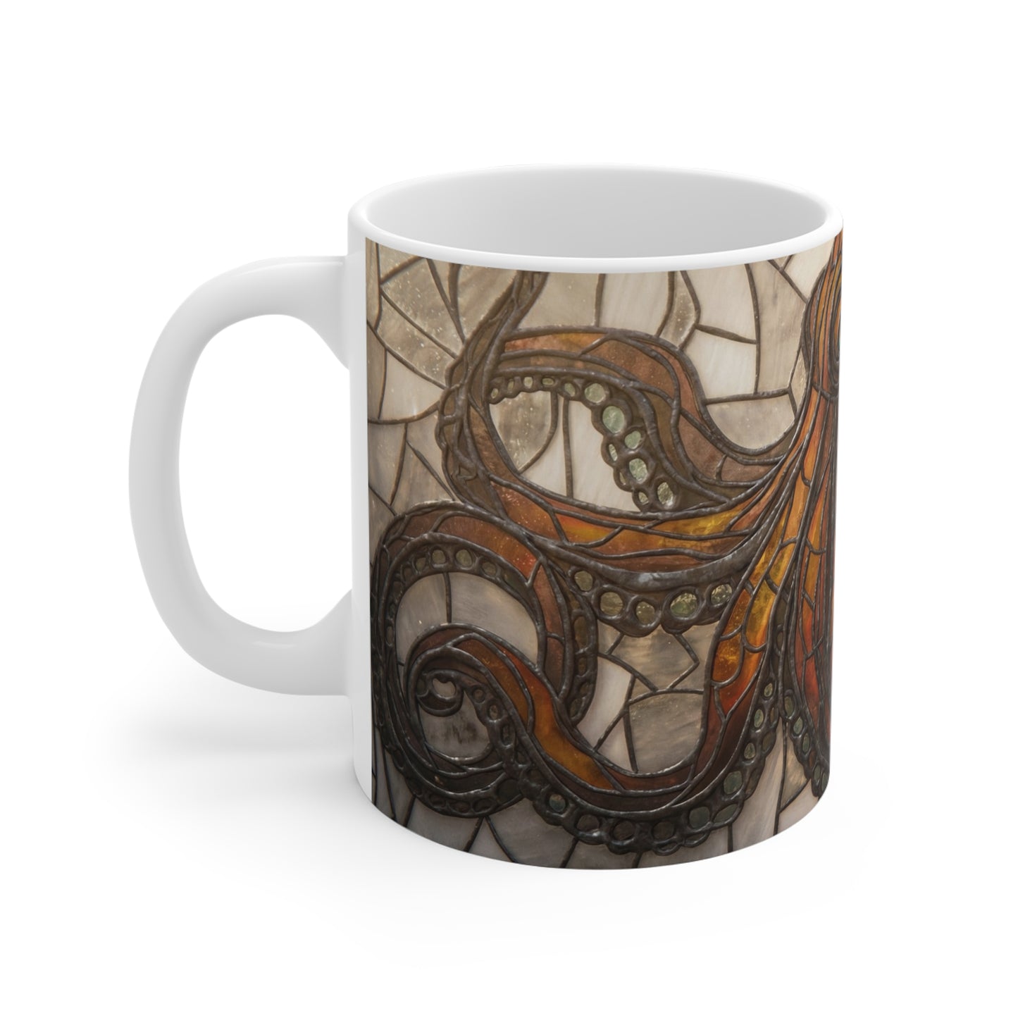 Art Nouveau Octopus Stained Glass Mug – Warm Amber Whirls on Deep Frame