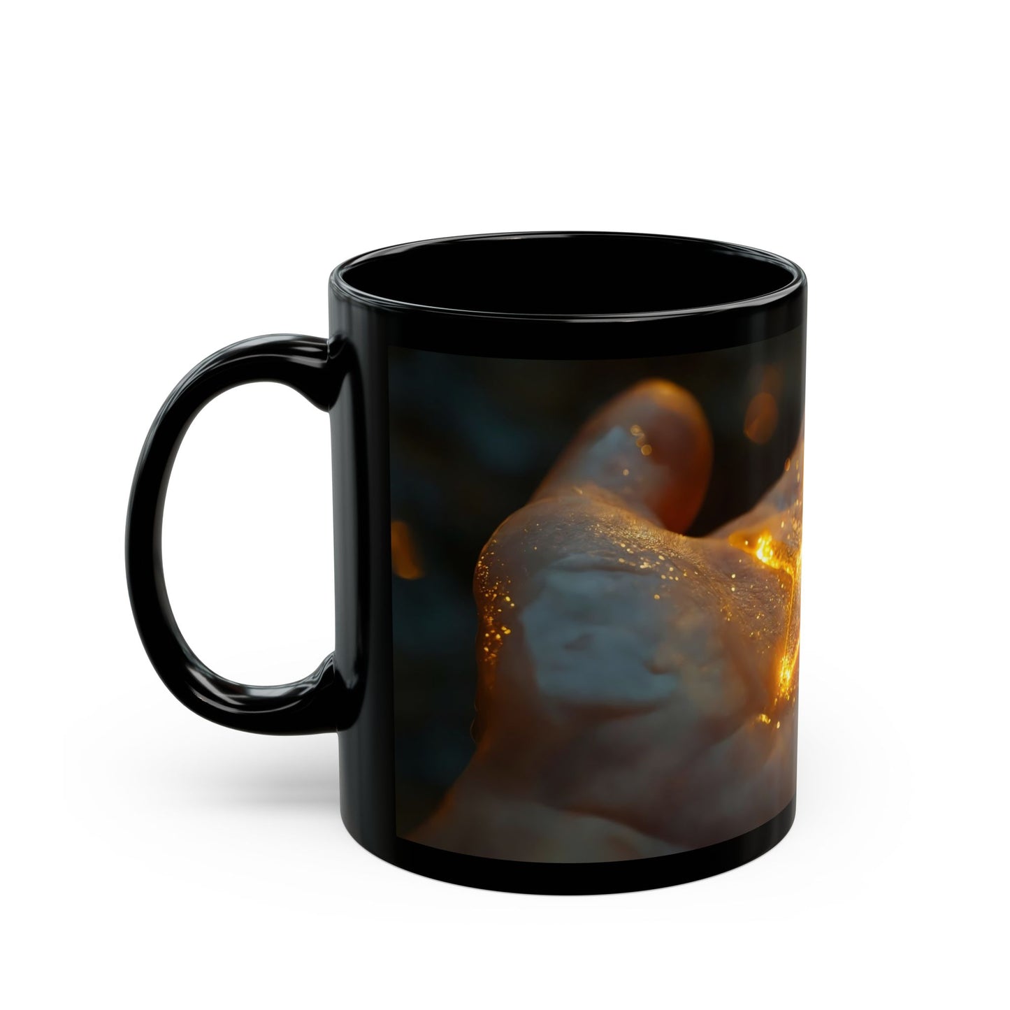 Glowing Star in Hand Black Mug – Warmth of a Held Wish