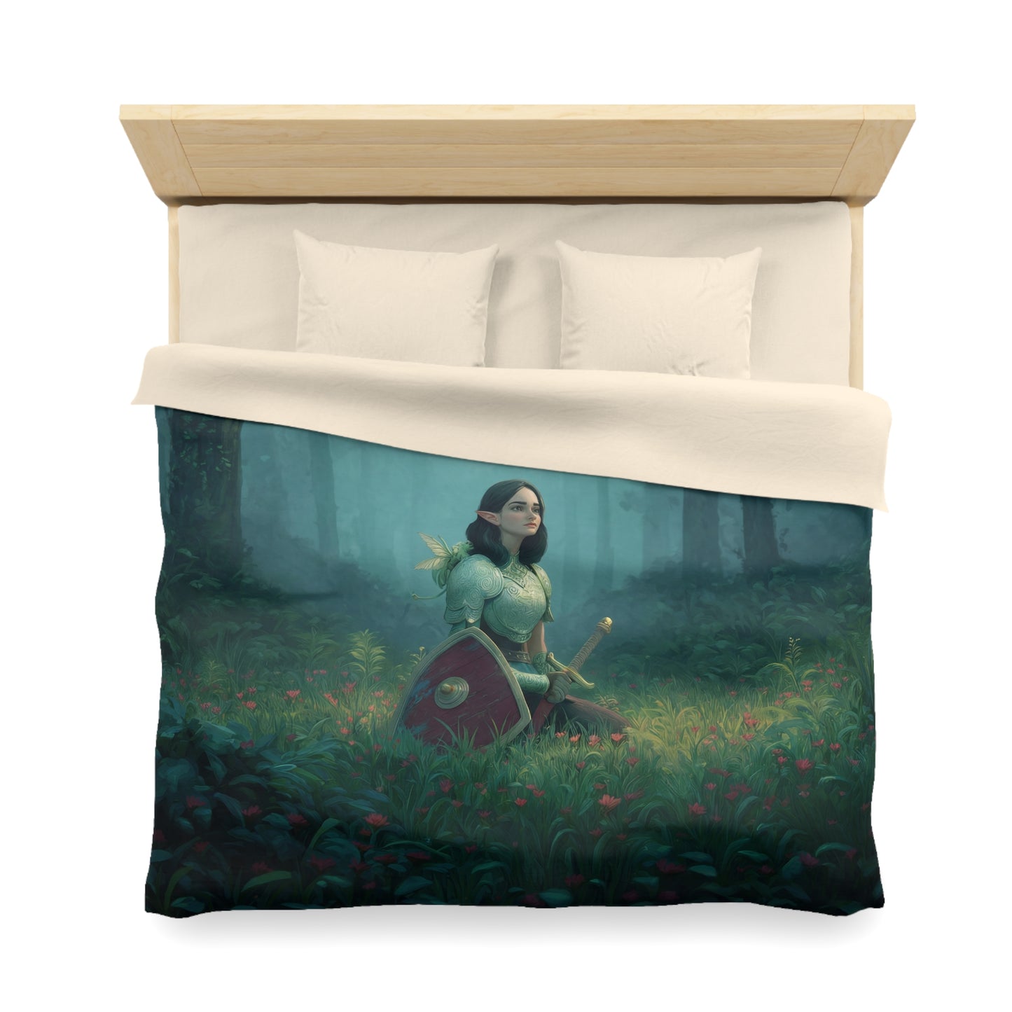 Sentinel Elf Forest Guardian Duvet Cover – Misty Grove Knight Resting Scene