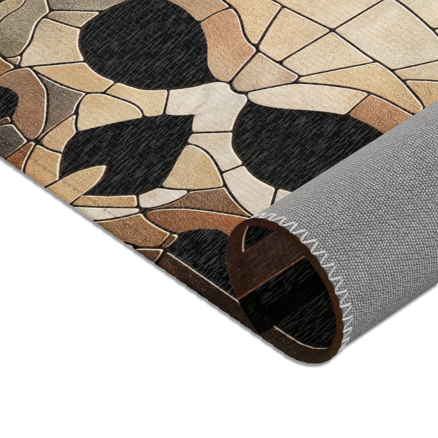 Mosaic Rabbit Skull Area Rug – Warm Earth Tones Against Deep Black