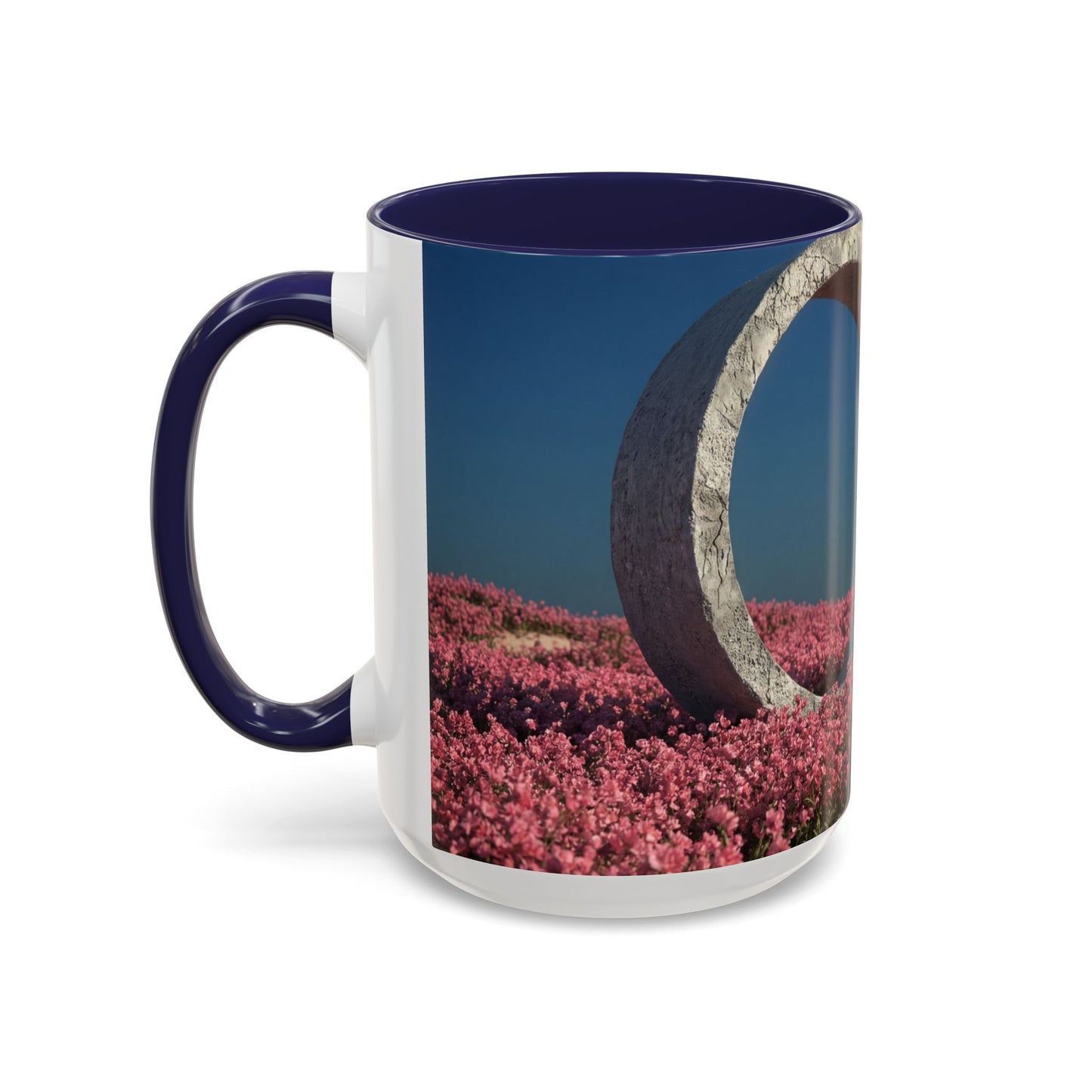 Stone Ring Garden Bloom Accent Coffee Mug – Cracked Concrete Portal in Pink Wildflowers