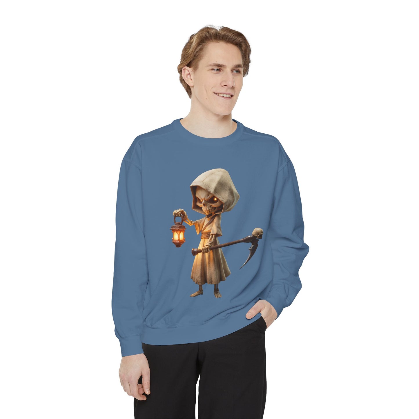 Hooded Lantern Grim Reaper Sweatshirt – Glowing Eyes and Scythe Guardian