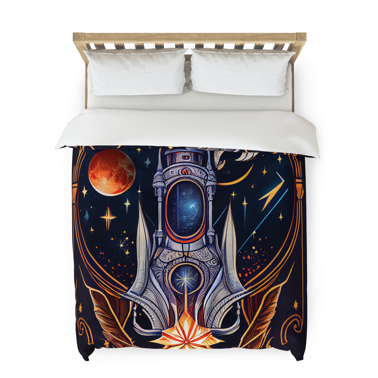 t-shirt design, rocket ship, stars, moons, art nouveau, alphonse much - Duvet Cover