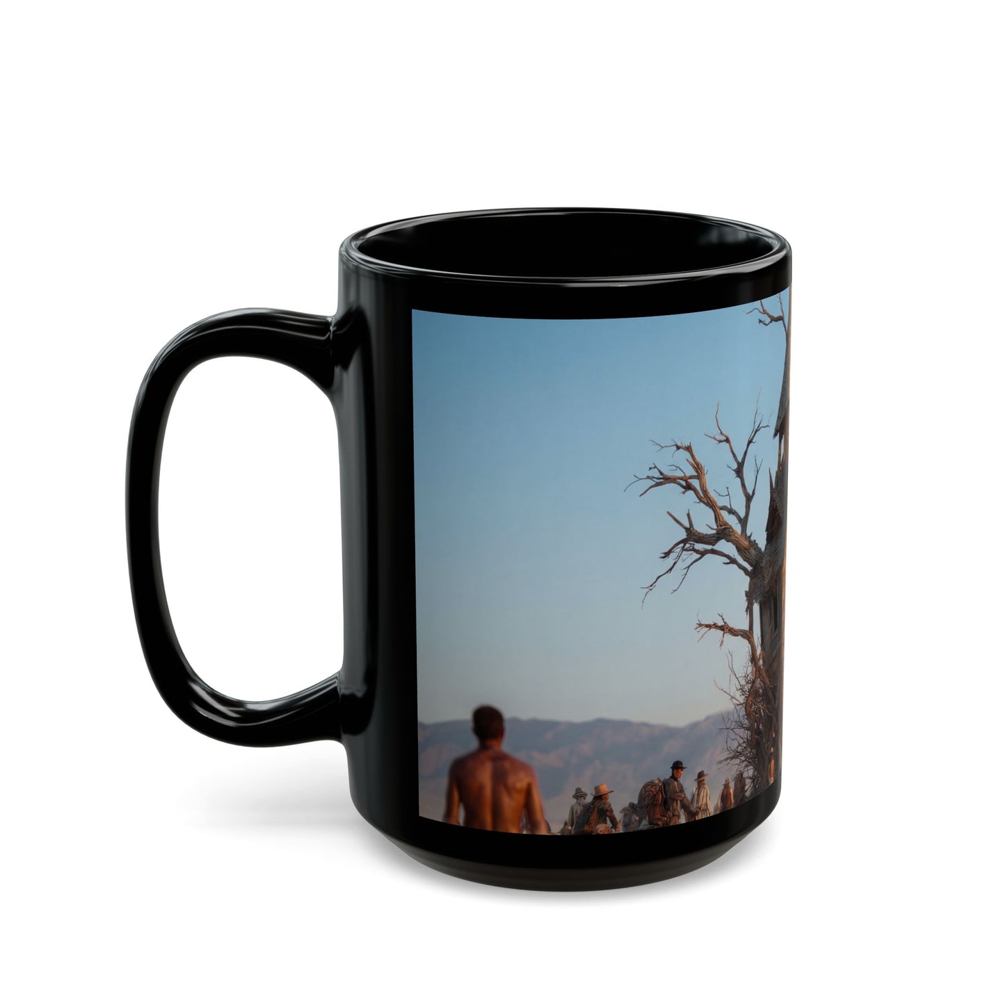 Clocktower in the Dust Black Mug – Wandering Timekeeper in the Desert