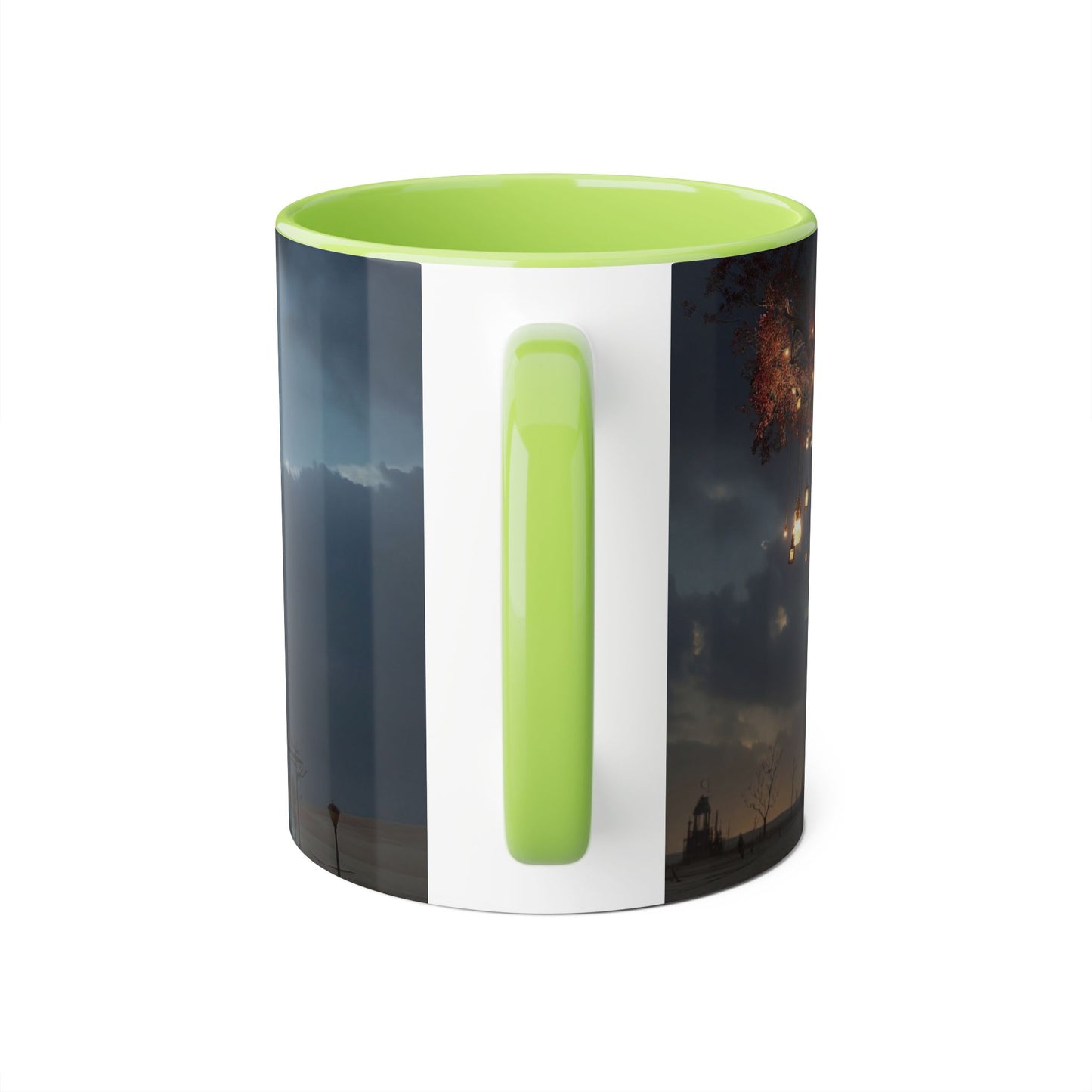 Lantern-Heavy Tree Accent Mugs, 11oz – Amber Glow Over Blue-Glowing Roots
