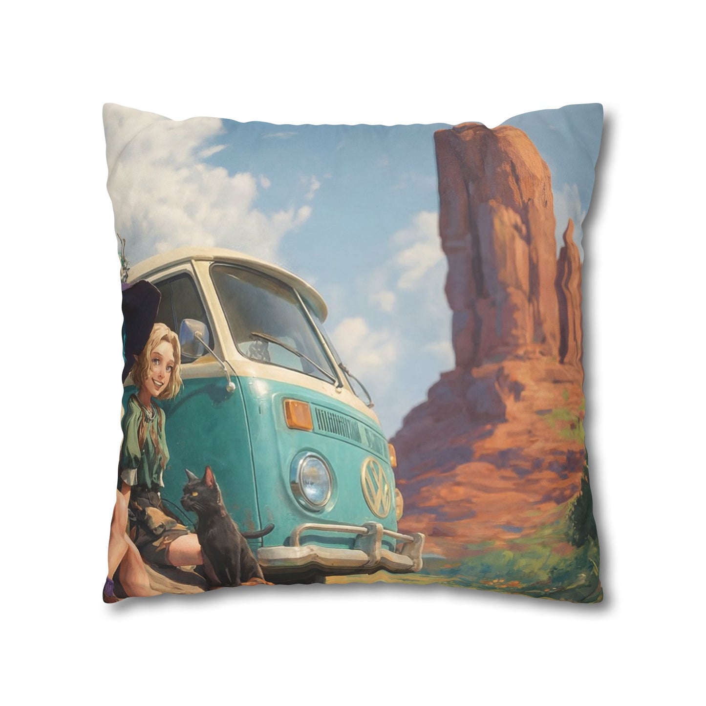 Wagon Ride Faux Suede Square Pillowcase – Desert Camper Adventure Scene