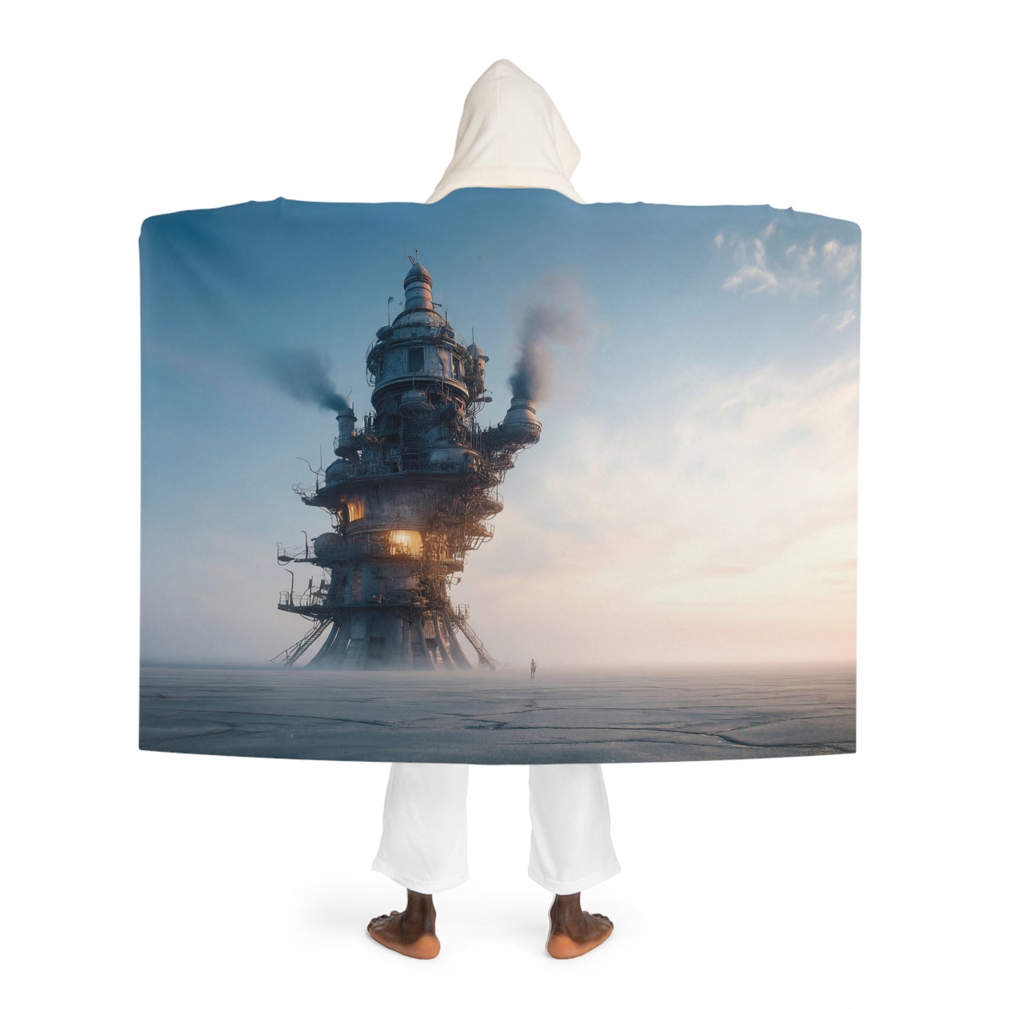 Skyward Steam Tower Hooded Sherpa Fleece Blanket – Lone Sentinel in the Dusk