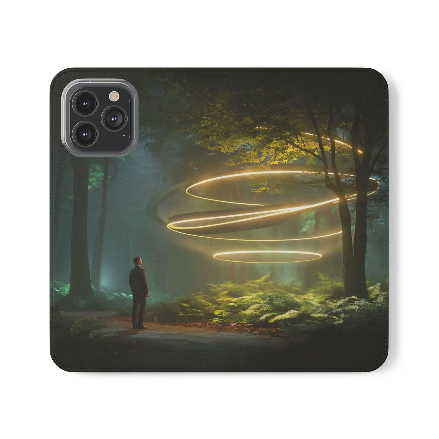 Luminous Spiral Forest Flip Cases – Golden Light Rings Mystery Scene