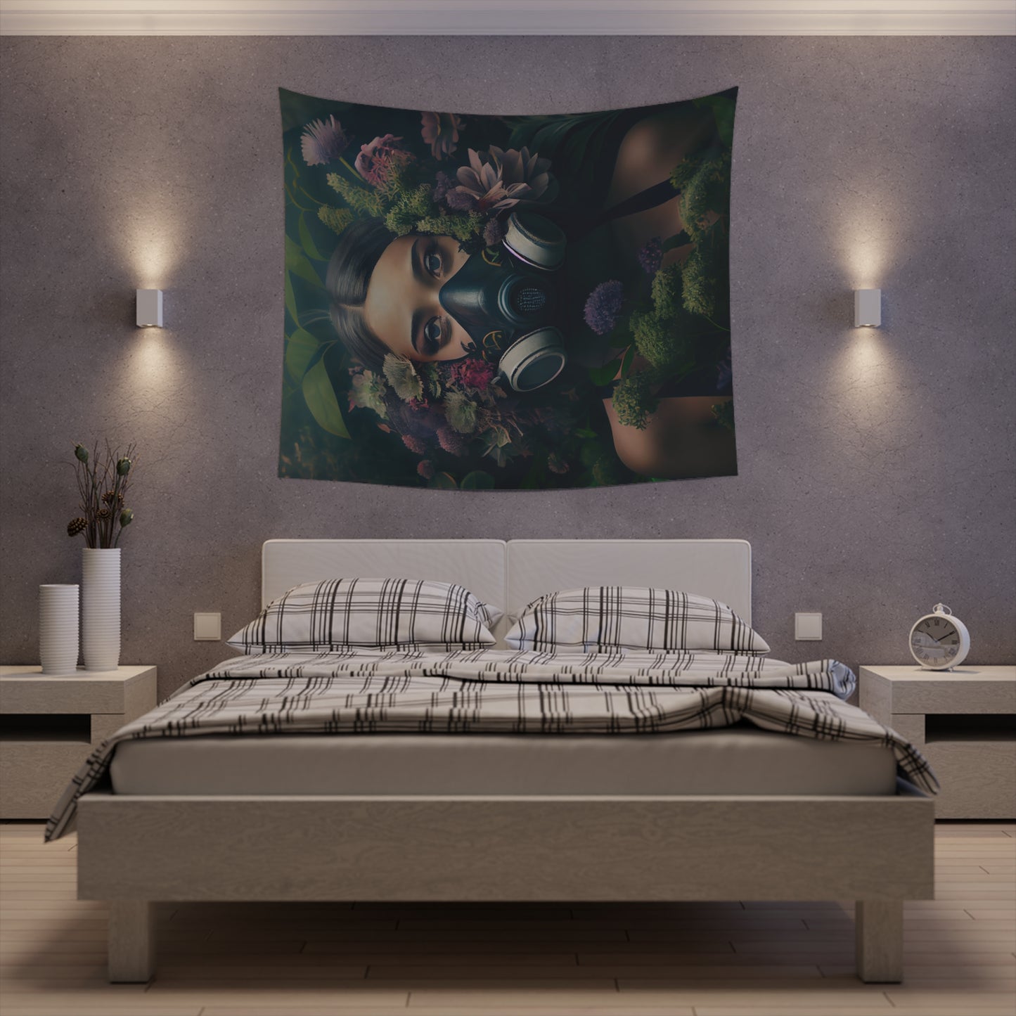 a beautiful woman wearing a gas mask filled with plants and flowers and moss - Printed Wall Tapestry