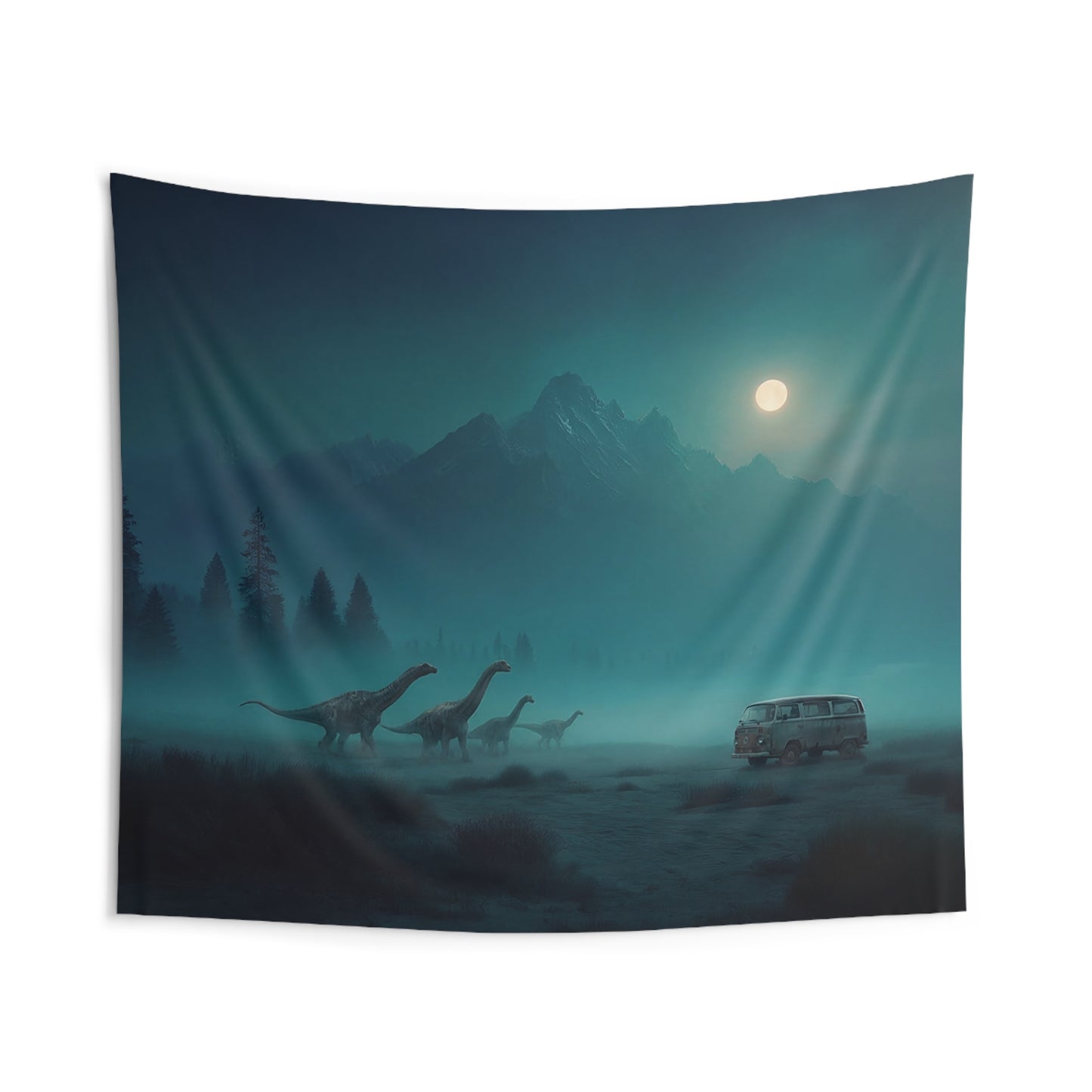 Vintage Van & Dinosaur Herd Wall Tapestry – Moonlit Frontier Dreamscape