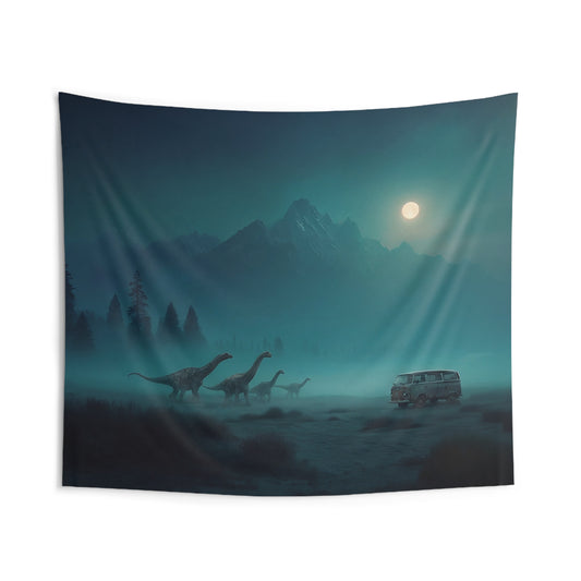 Vintage Van & Dinosaur Herd Wall Tapestry – Moonlit Frontier Dreamscape