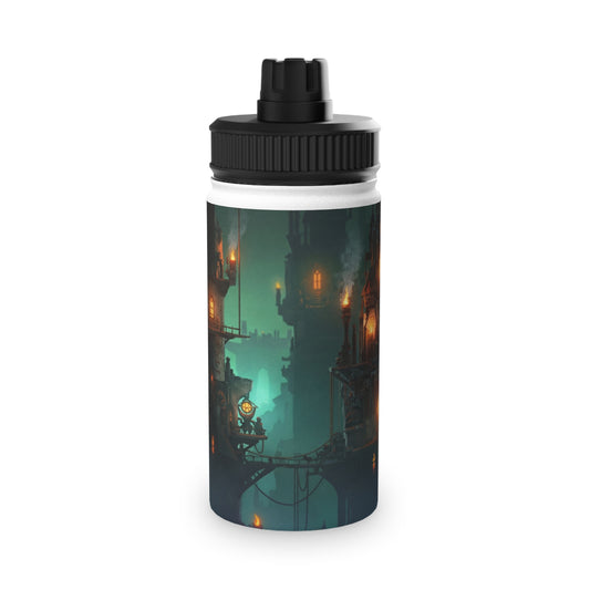 Floating City at Dusk Stainless Steel Water Bottle, Sports Lid – Amber Lanterns Over Misty Skyline
