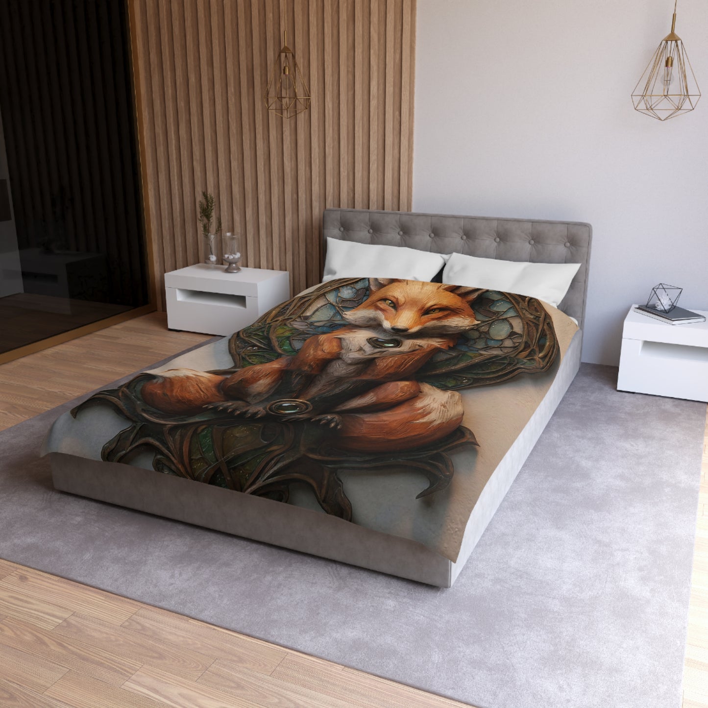 Fox Sentinel Microfiber Duvet Cover – Warm Amber Guardian in Stained Glass