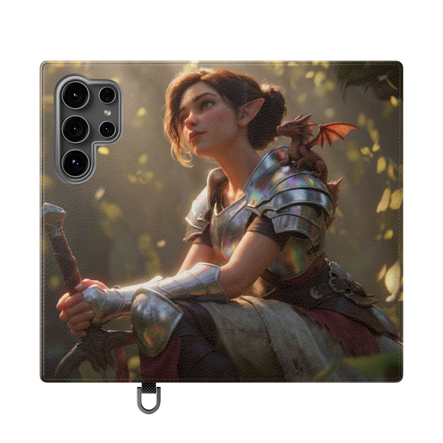 Elven Knight with Dragon Flip Cases – Iridescent Armor & Tiny Guardian Portrait