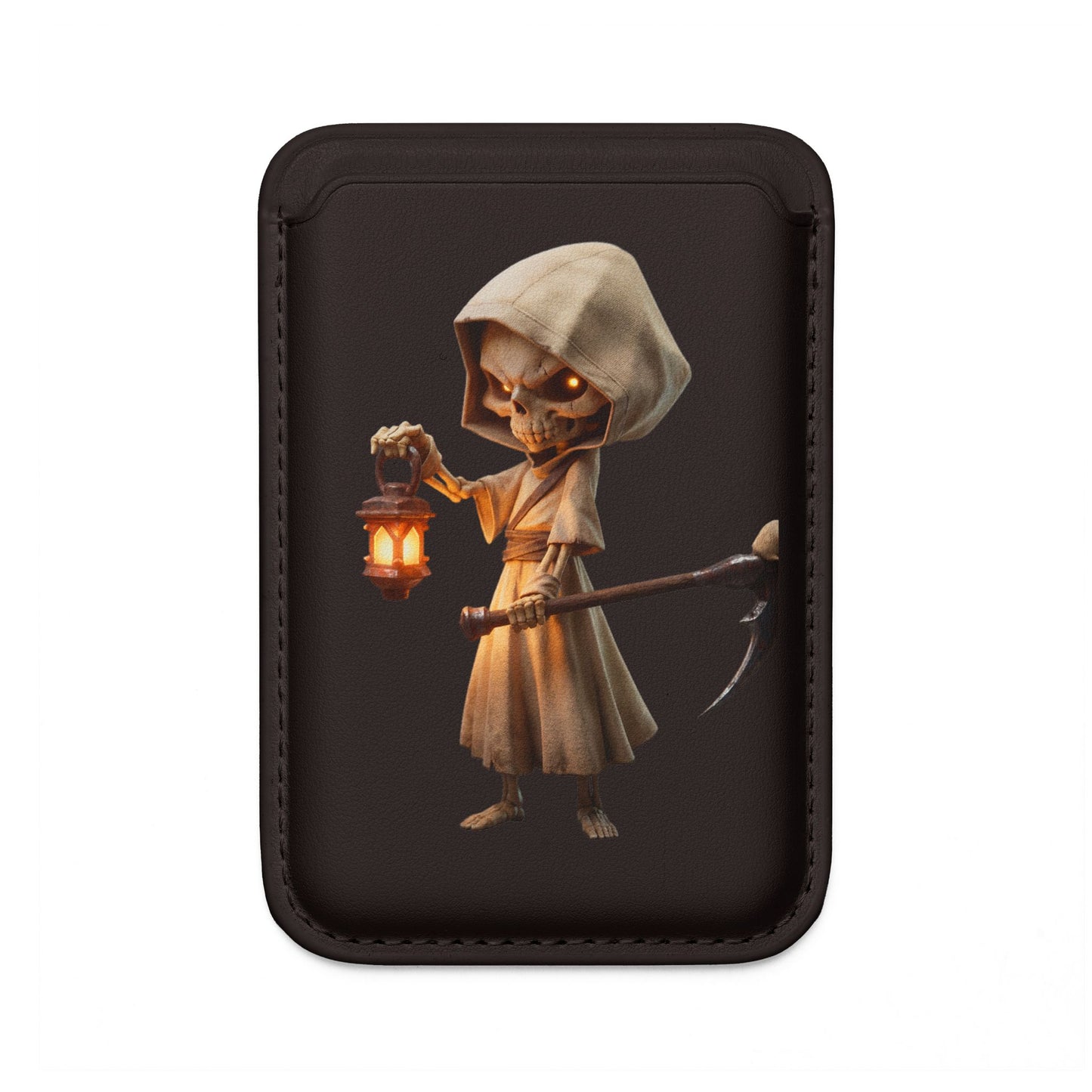 Lantern-Bearing Reaper Vegan Wallet – Hooded Sentinel with Skull-Top Scythe