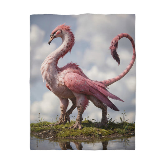 Pink Dawn Sentinel Duvet Cover – Soft Feathers on a Misty Shore
