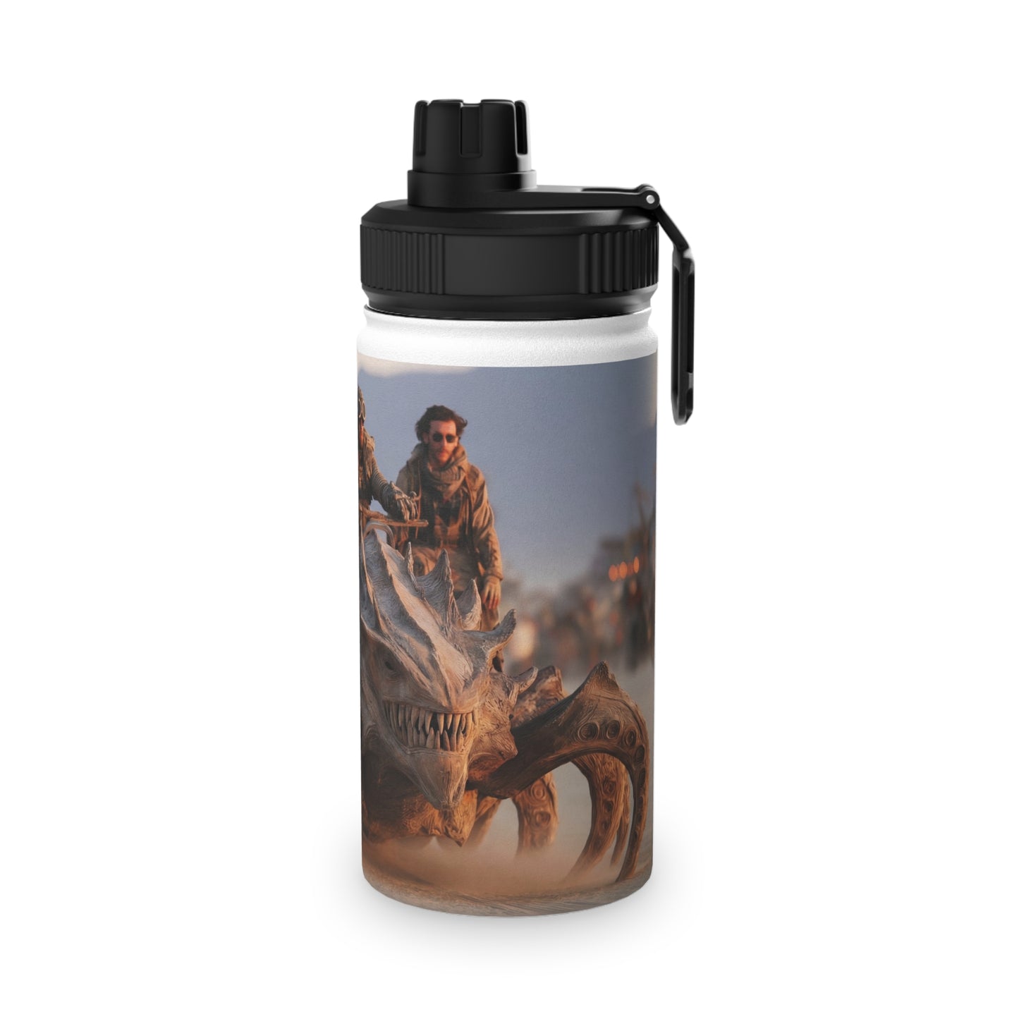 Desert Dragon Ride Stainless Steel Water Bottle, Sports Lid – Sunset Dust and Steam-Punk Fangs